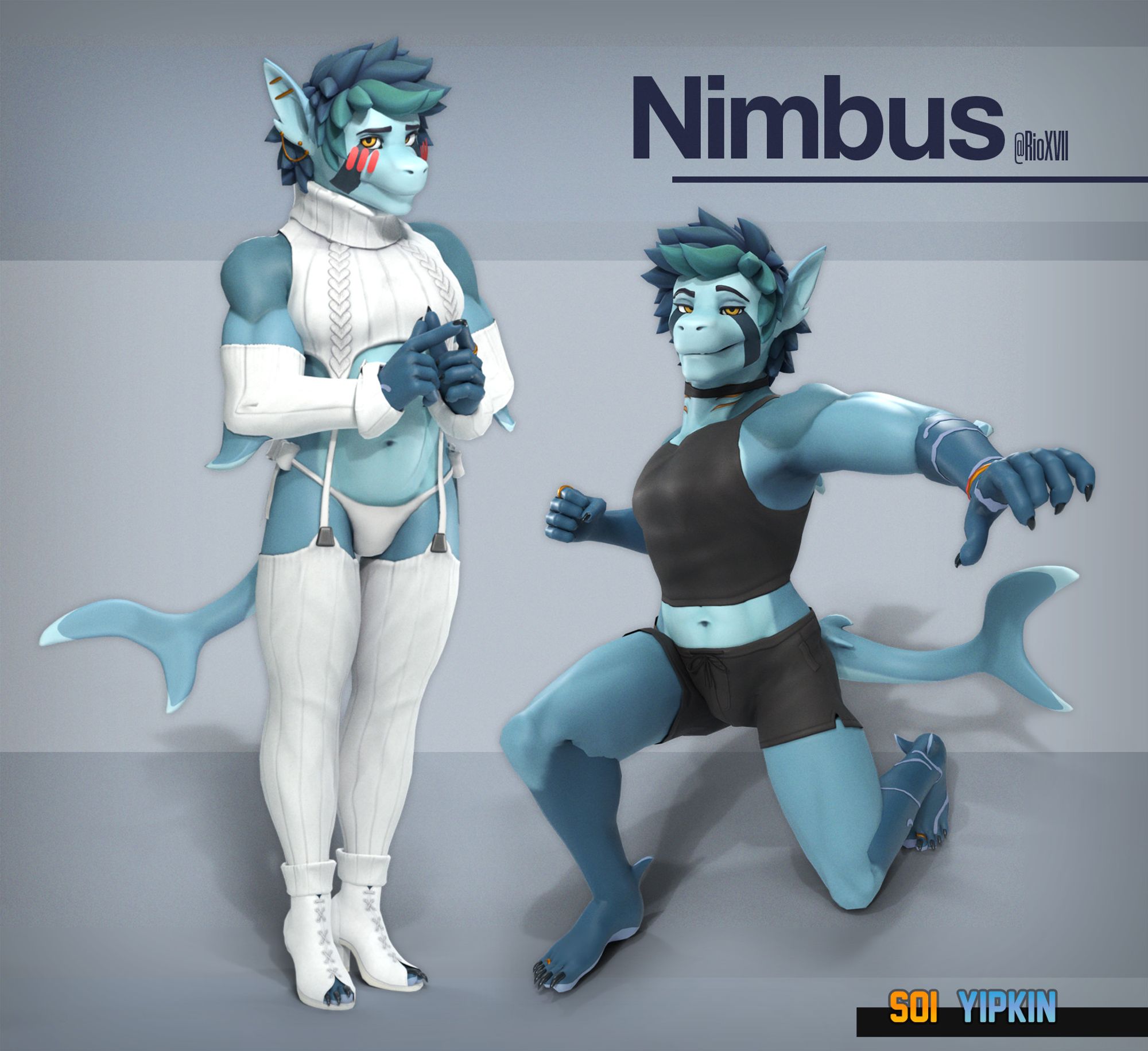 Two 3d renders of a blue furry shark named Nimbus