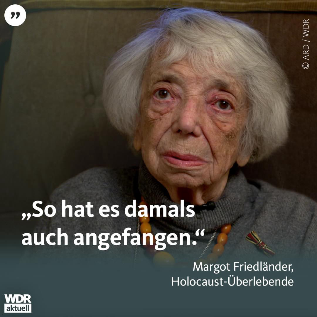 Margot Friedländer vor einem dunklen Hintergrund: „ So hat es damals auch angefangen.“