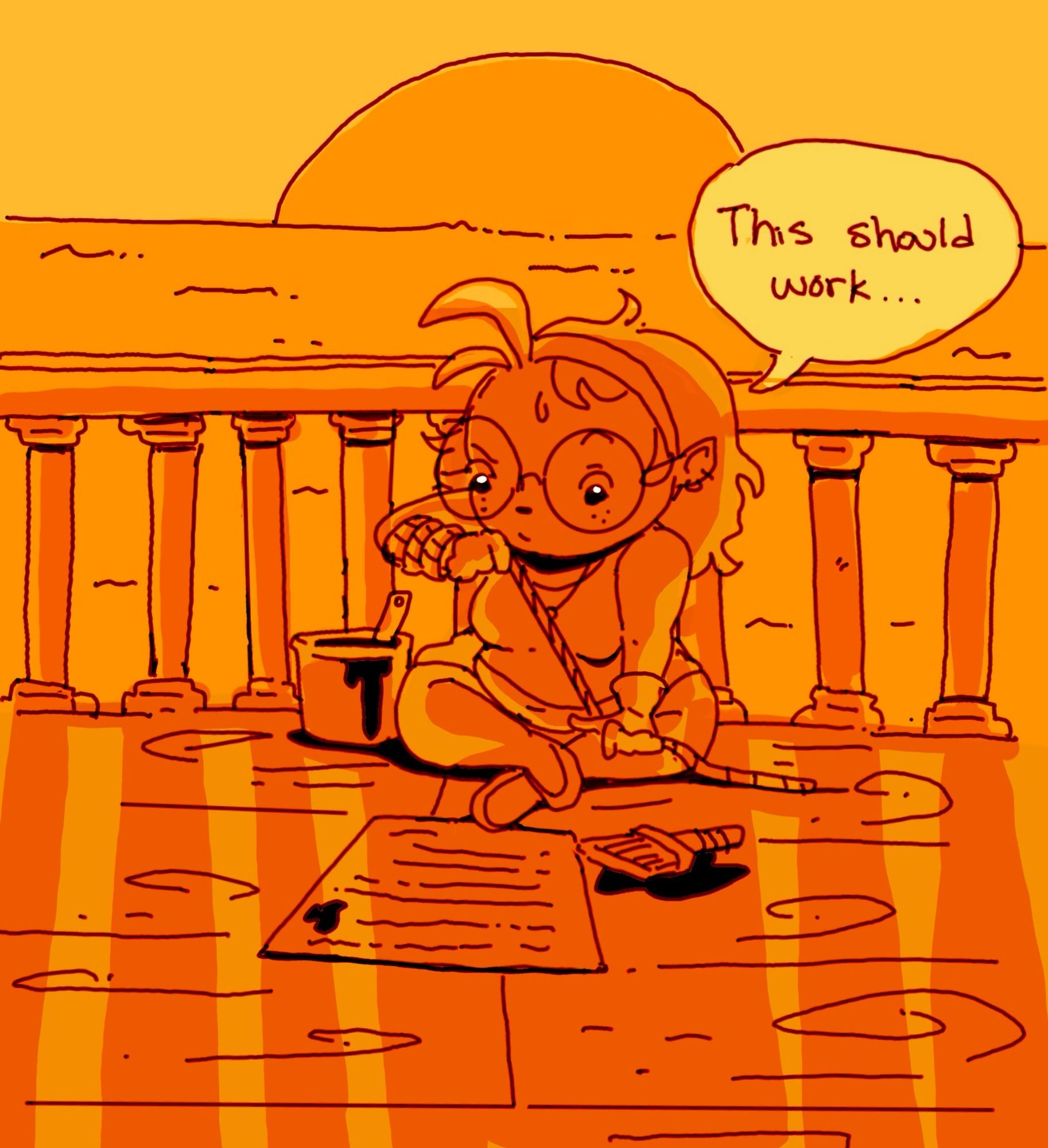 A character bathed in orange sitting cross d legged on the deck of a ship tying a rope with looking at instructions. A speech bubble above her head says “This should work.”