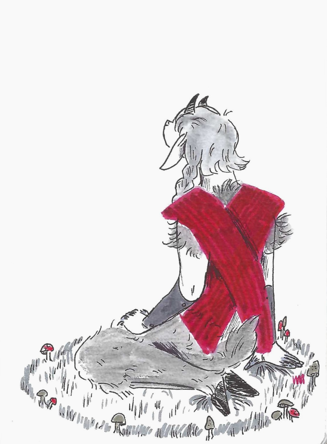 A traditional illustration of a satyr, wearing a red robe, gray gauntlets, with short hair with two pigtails, lounging in a fairy circle of mushrooms, looking at the empty sky