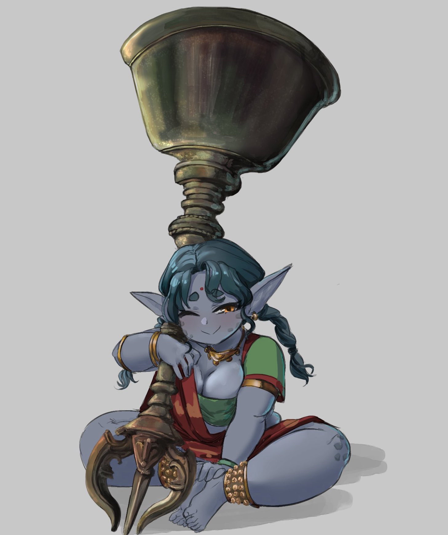 A blue goblin girl sitting cross legged and winking at the viewer, wearing south asian-inspired attire and a bindi. She carries a giant Vajra bell, assumed to be a weapon of some kind! 