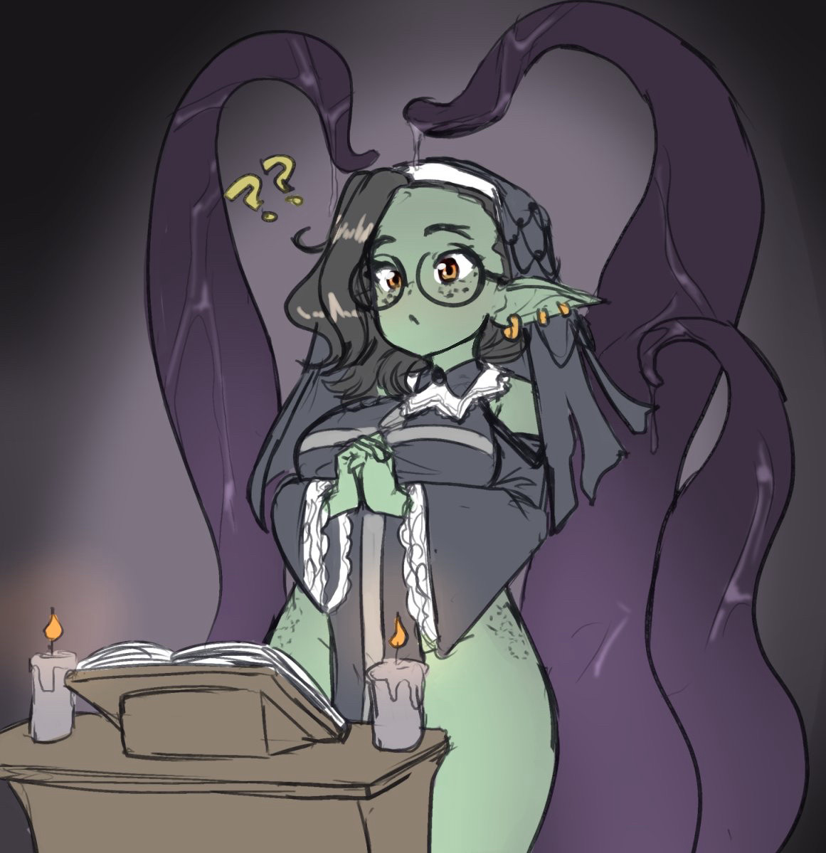 A goblin girl in a nun outfit after performing some sort of dark ritual. It seems that she is unaware that the ritual succeeded!! Whatever will she do???