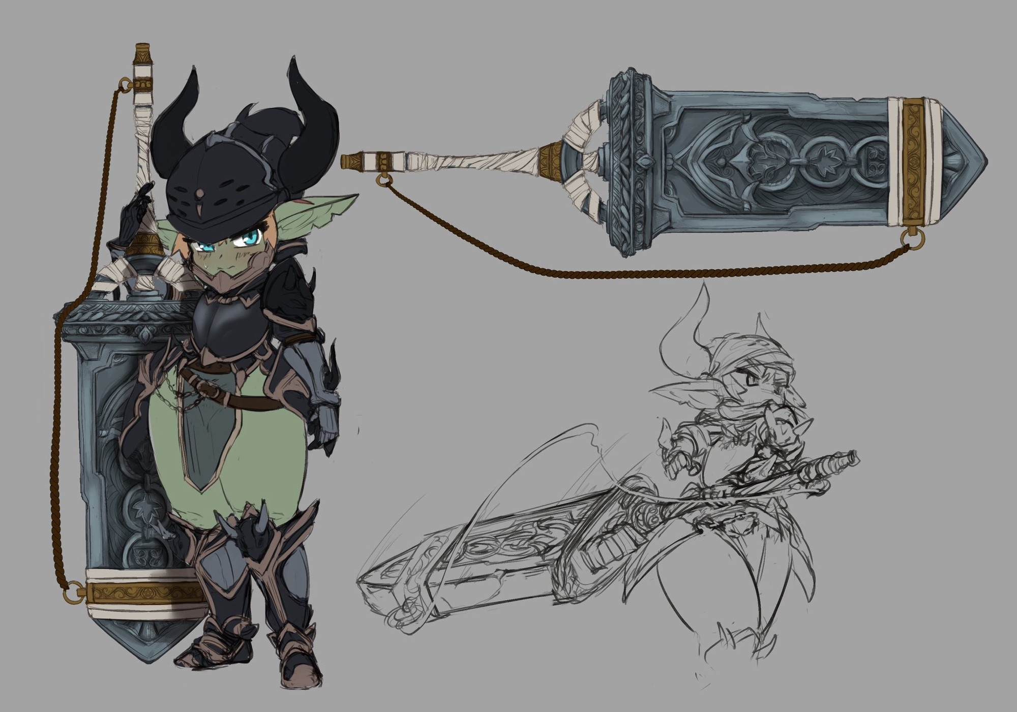 An armor-clad goblin girl wielding a giant weapon that appears to be made of stone and wrapped in ceremonial bandages. Her armor is entirely black with gold trim and large black horns, making her look a bit like a bull. The bottom right pic depicts her swinging the relic with unnatural ease compared to its size. 