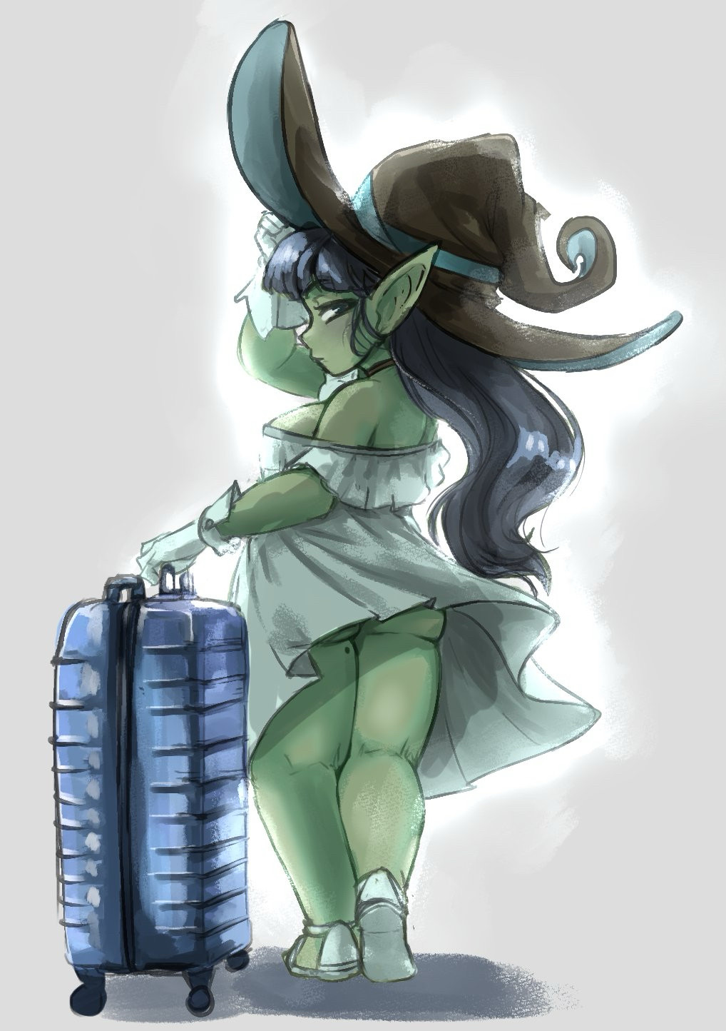 A goblin witch wearing a white sundress and what looks like no underwear. She carries a large blue suitcase with her and looks back at the viewer as the wind also reveals a mole on her left thigh. 