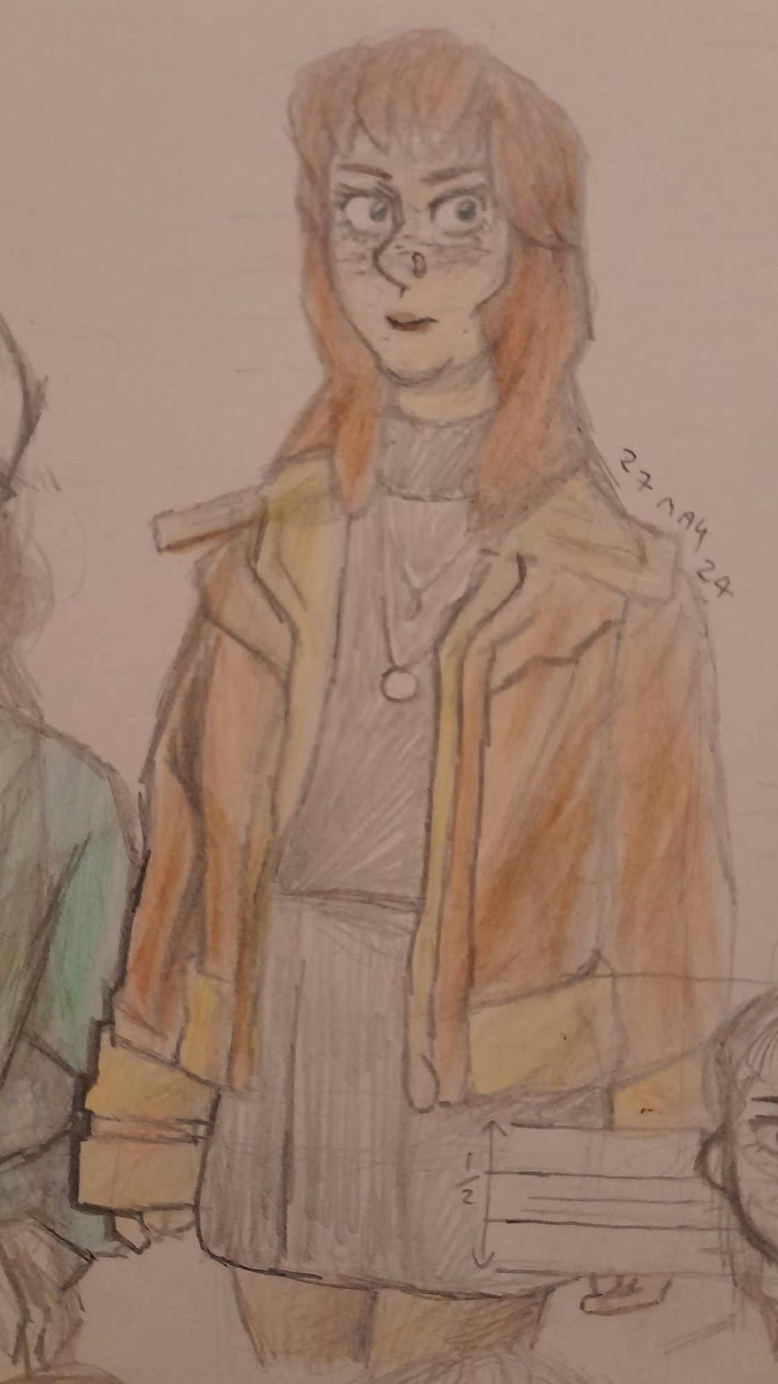 woman with red hair wearing a brown leather jacket