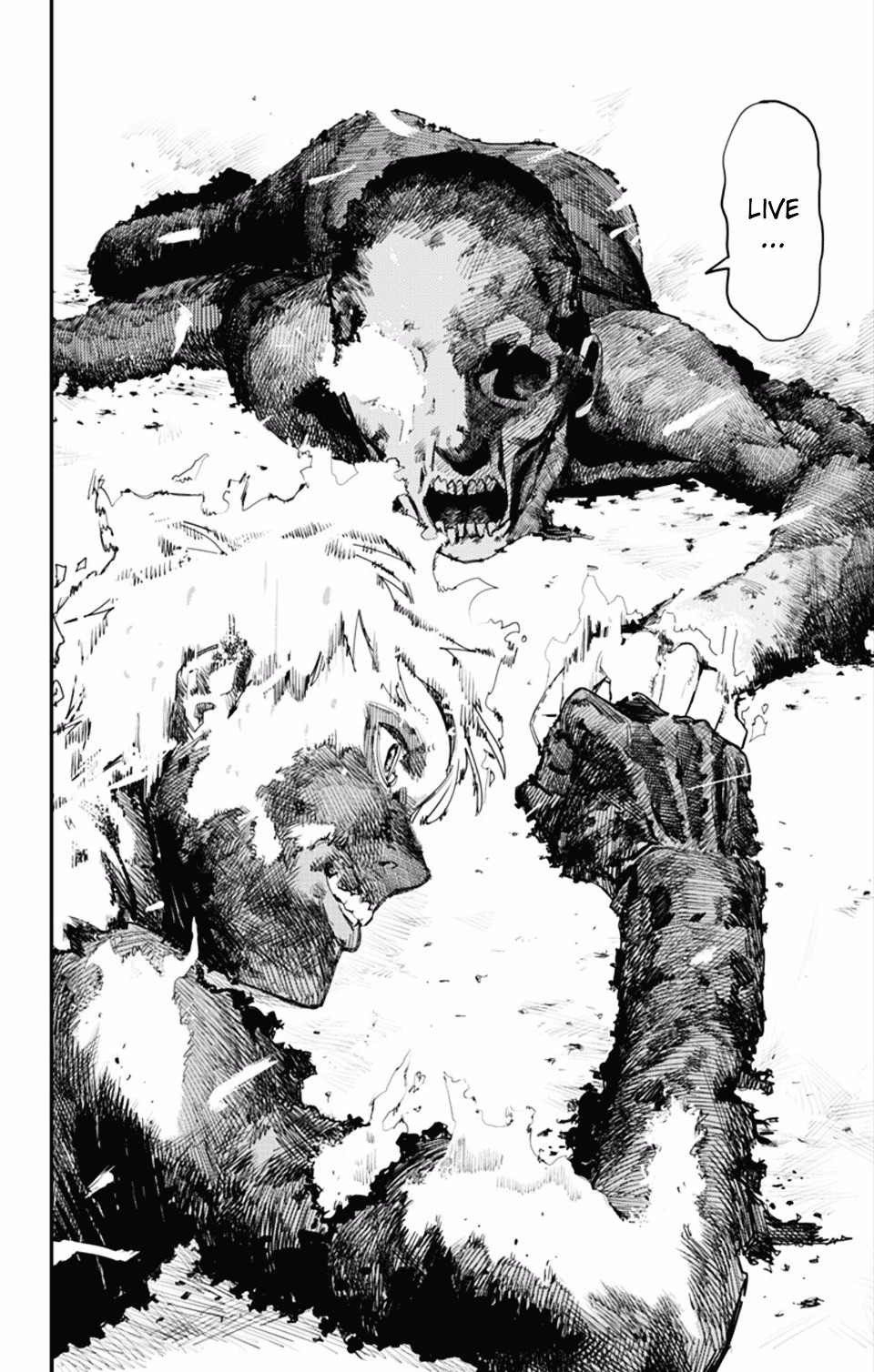 panel from the manga fire punch, it features a burning corpse telling the protagonist to live 