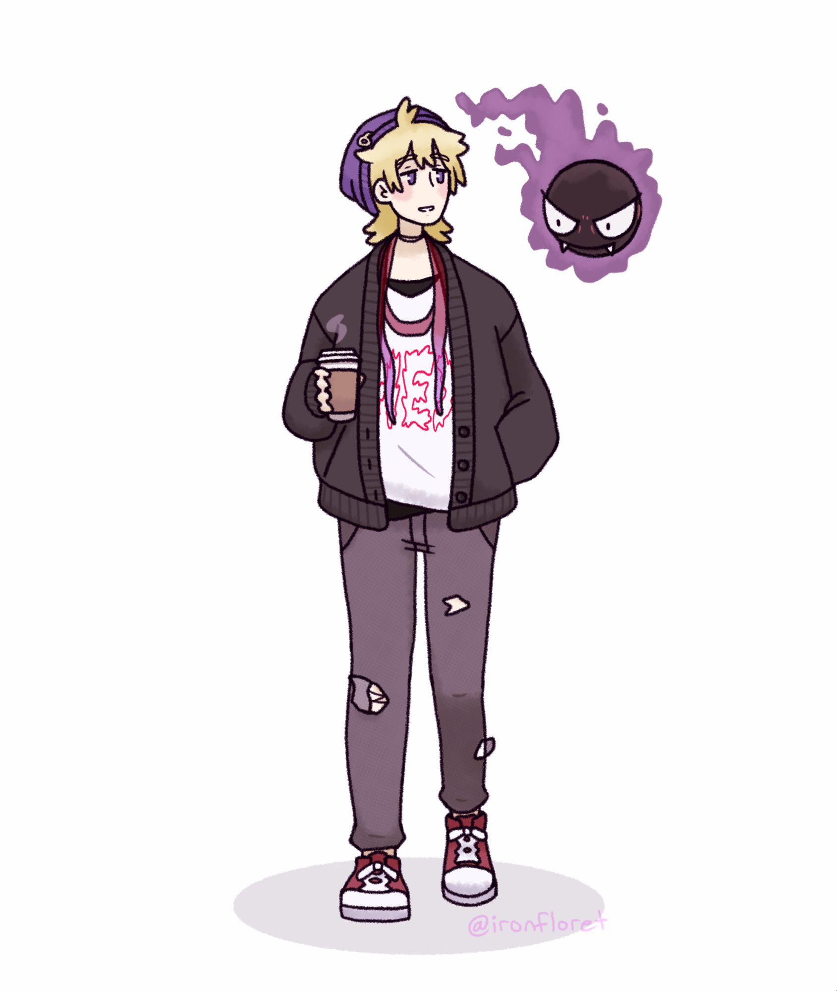 A digital drawing of Morty from Pokemon in casual clothes, holding a to-go coffee.  A Gastly floats beside him.