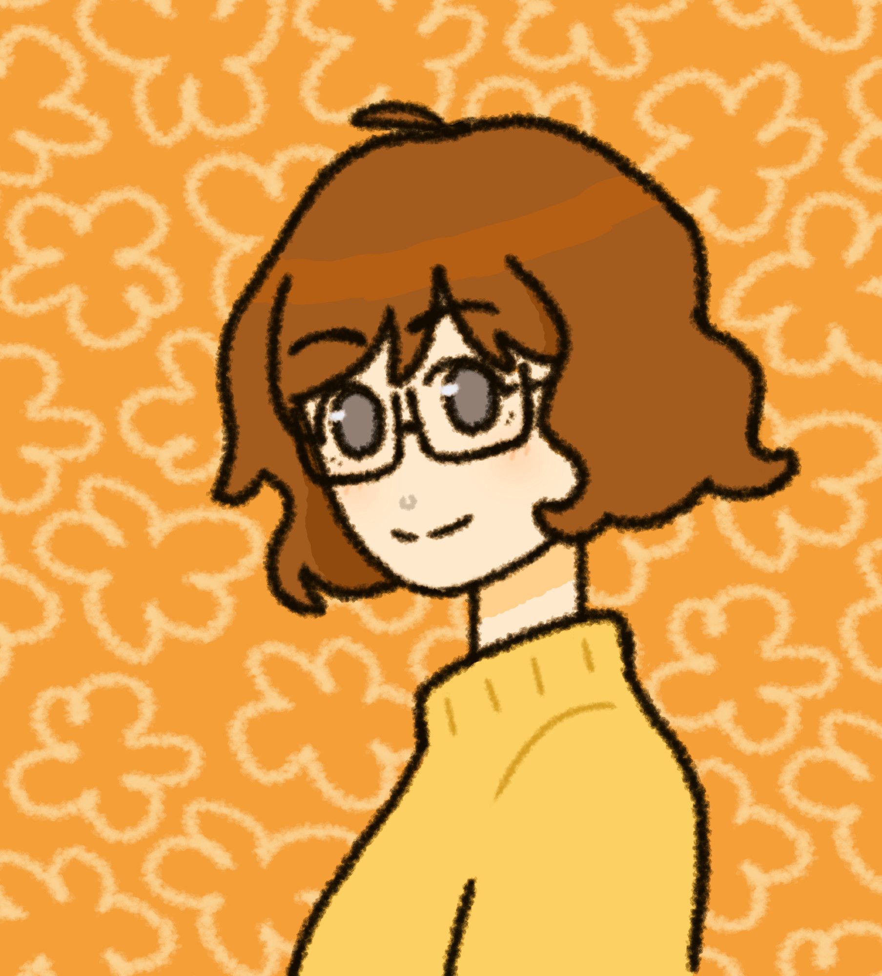 A digitally-drawn self portrait.  The subject has red hair in a bob and is wearing a yellow sweater.