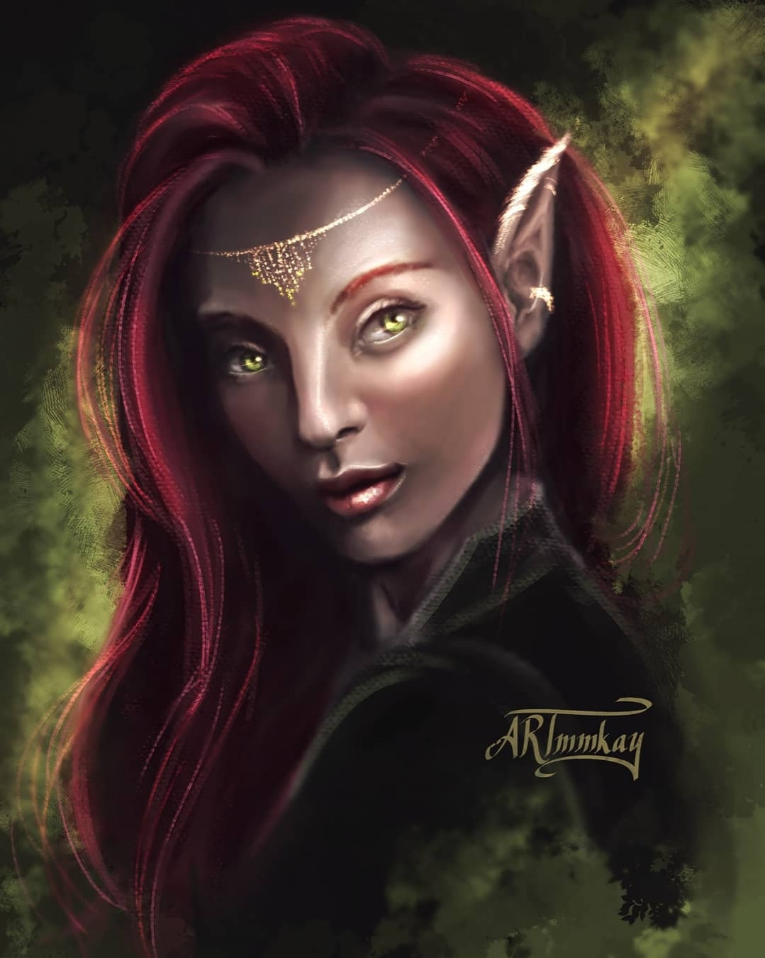 An elf woman with red hair glance over her shoulder. She has green eyes. A golden circlet adorns her forehead and she had a free earrings on her pointed elfen ear. Eloveve from Dice Tower Theatre: Dawn of Dragons podcast. 🎨