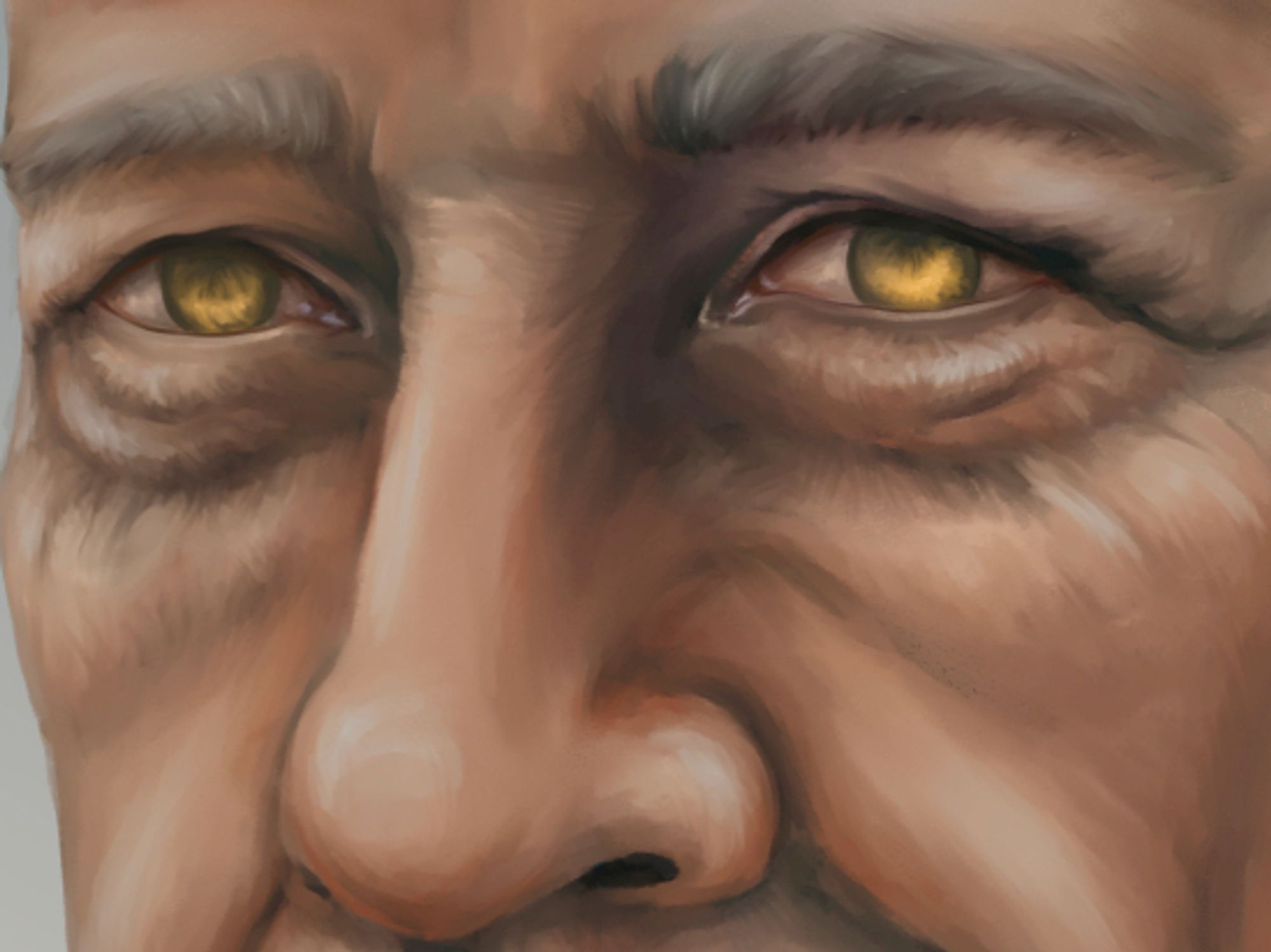 WIP closeup of portrait of elderly caucasian man with golden eyes.