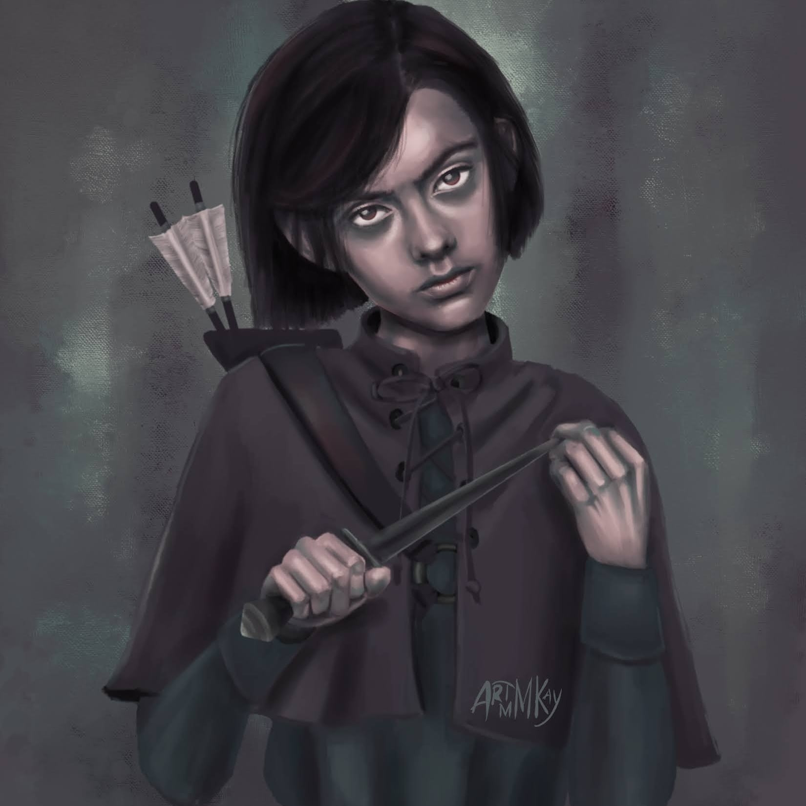 A girl stares intensely while playing with a knife. She has short, dark hair and a quiver on her back. Portrait inspired by the character Macy from A Fool's Quest podcast.