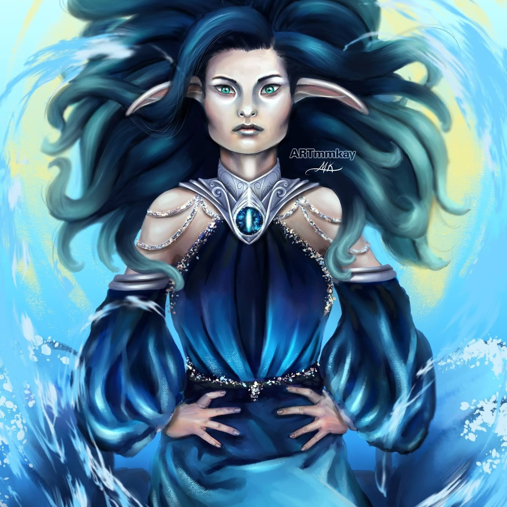 A woman sits proudly, arms akimbo. Water and waves splash proudly all around her. Her hair floats wildly around her head as if she's under water. She wears a blue ombre gown encrusted with jewels and a beautiful gorget embedded with a large blue jewel. This is my depiction of Mizula from the AP podcast Top of the Round: campaign 1. 🎨