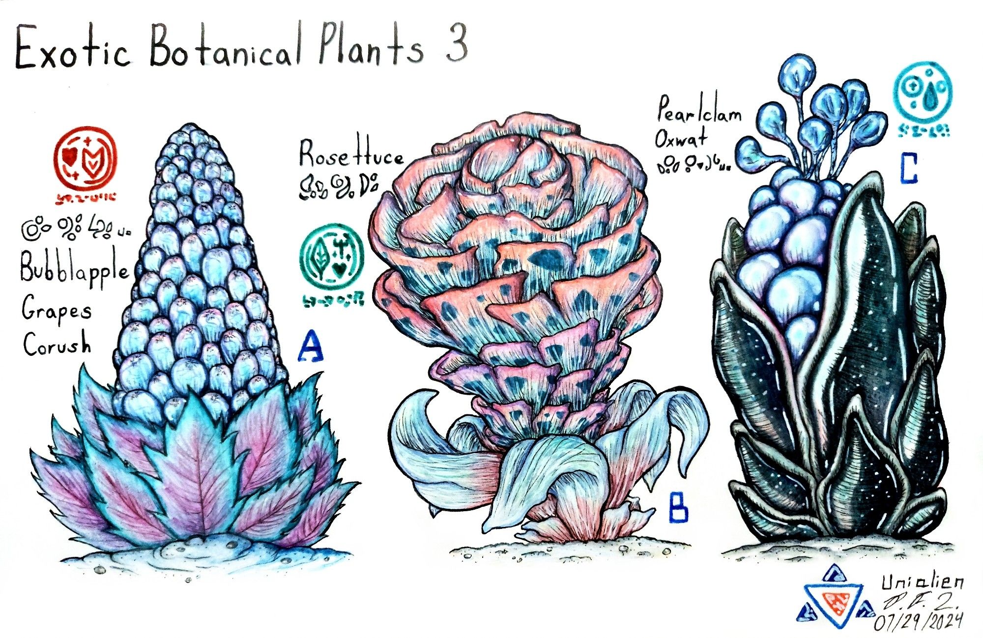 📄 In the 3rd part of the catalog, some healing properties and culinary vegetations that found certain parts of the planet that been in use in the ancient times of the Repturriam's 💙🌱 The blue red coloration have much highly concentrations of med uses, plus enhancing effects could gain certain plants 🔺️🔷️✨️ Additional some has a potency for survival buff effects for limited time ⏳️✨️ Here's a list about certain known native exotic plants:

A. Bubblapple Grapes Corush
B. Rosettuce
C. Pearlclam Oxwat