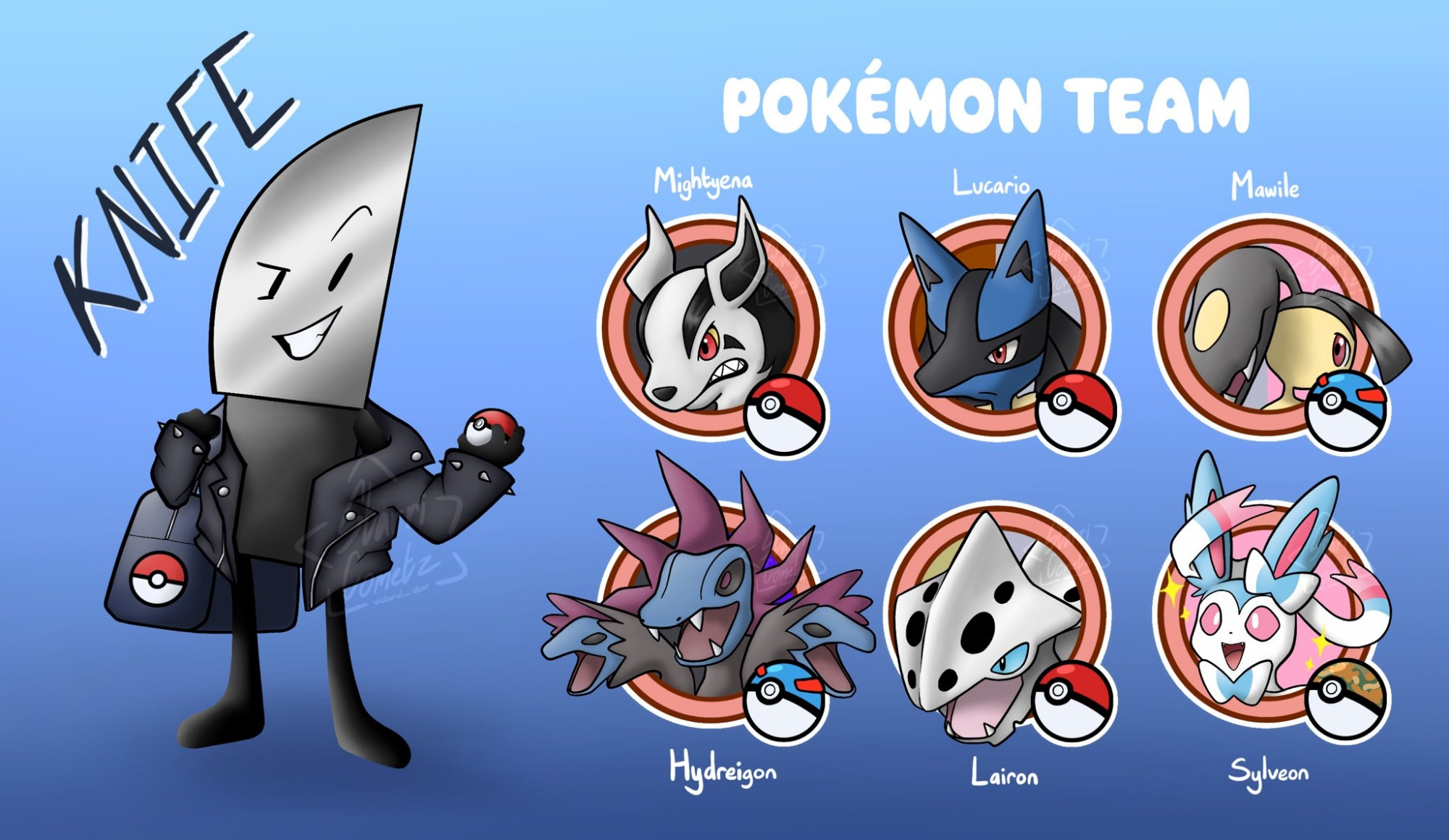 Knife's Pokemon Team:

Mightyena (evolved from Poochyena aka
partner Pokemon)
Lucario (caught and evolved from Riolu)
Mawile (caught in the wild)
Hydregon (caught and evolved from Deino
to Zweilous to now)
Lairon (caught and evolved from Aron)
Shiny Sylveon (caught in Safari Zone and
evolved from Eevee through friendship)