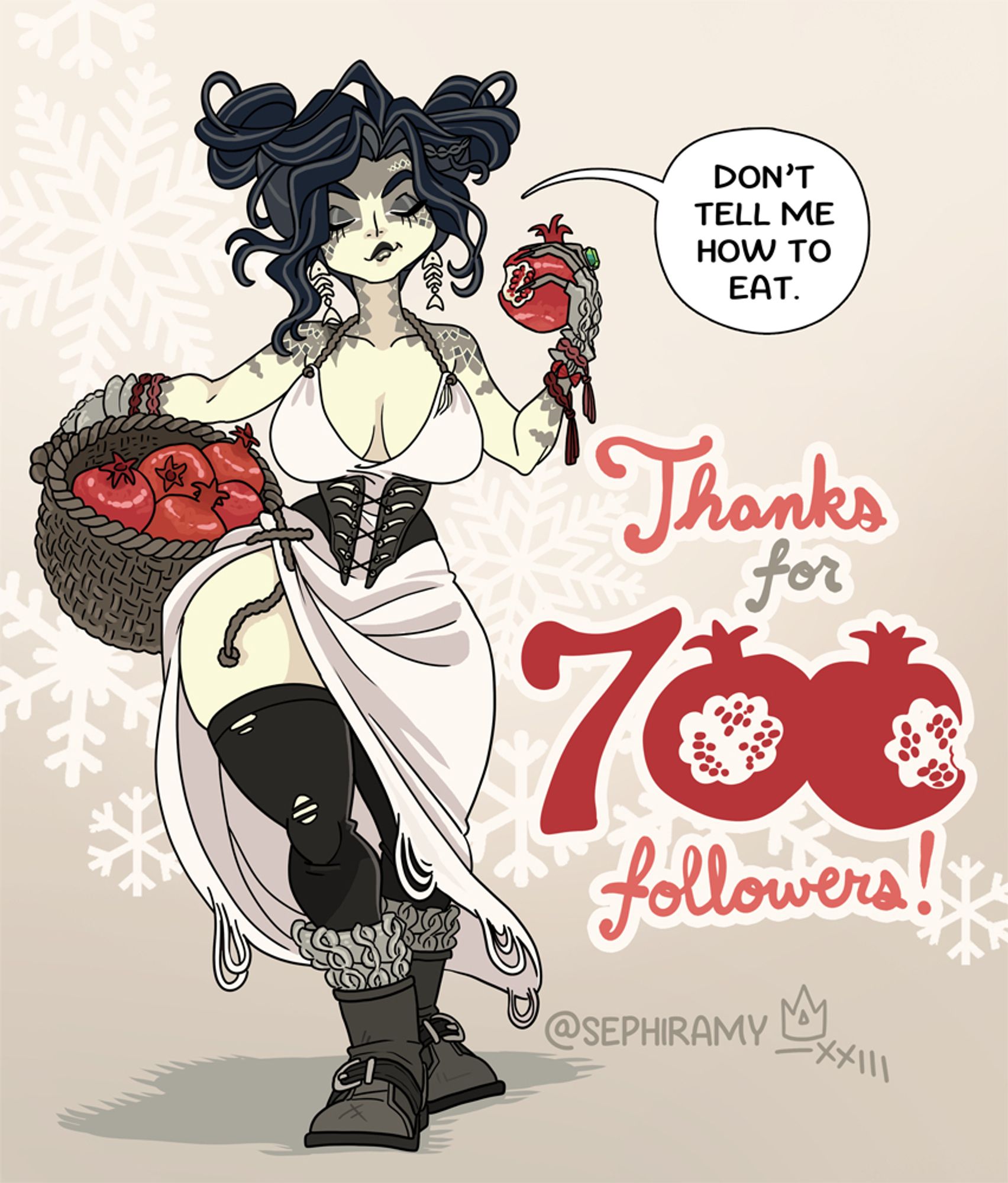 a curvaceous snake femme in a white dress with fishbone earrings is holding a basket of pomegranates propped against one hip, holding a single fruit with a bite taken out of it, their speech bubble reads "don't tell me how to eat." the text below reads "thanks for 700 followers!"