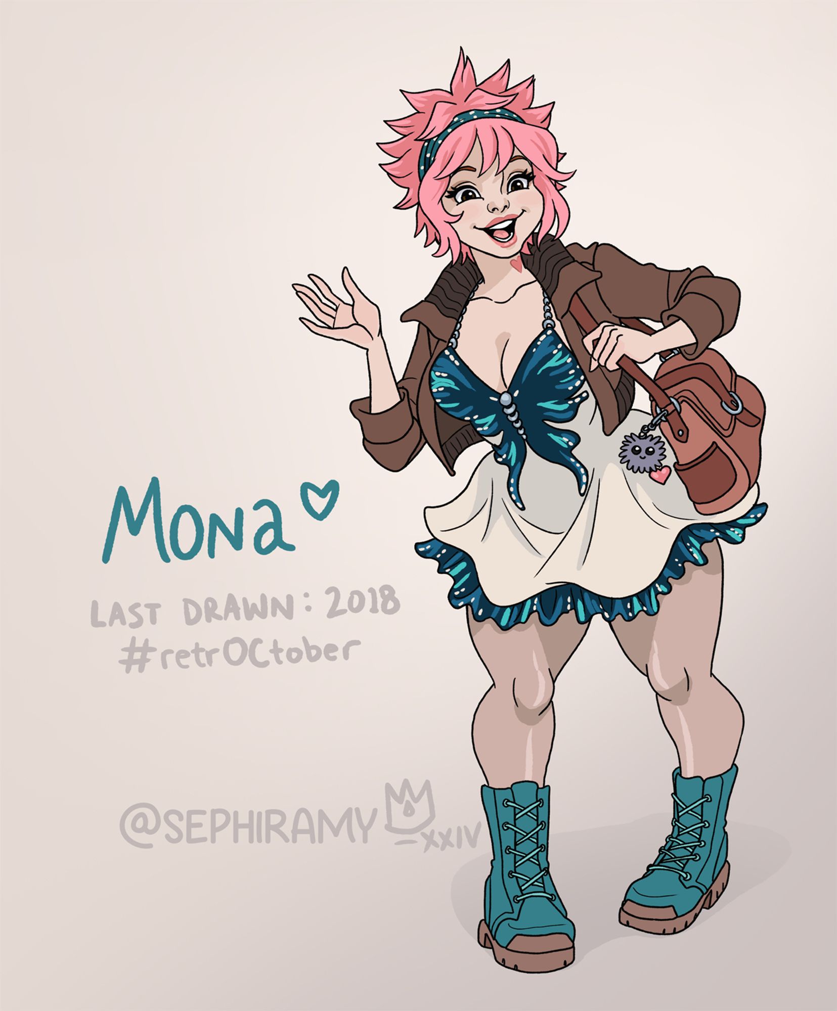 a drawing of a short girl with pink hair and a big open mouth smile. she is wearing a brown jacket over a teal and cream dress with a butterfly motif, and light teal boots. over her shoulder is a brown bag with a few cute little keychains.