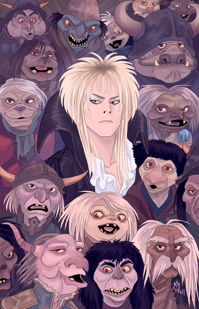 a large poster style print of David Bowie as Jareth the goblin king in the movie Labyrinth. he is surrounded by goblins from the movie, all rendered in a semi-painted style with strong purples and browns.