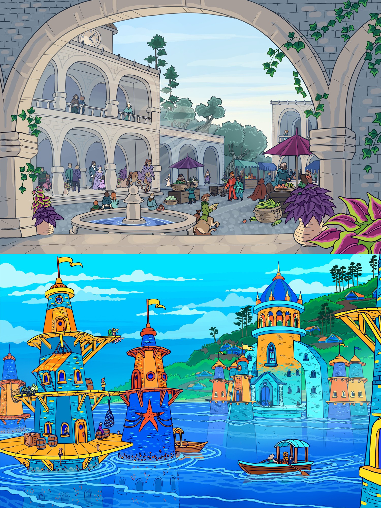 two different environment illustrations! the top depicts a grey stone plaza with a marketplace set up, as light streams in through a light blue-grey sky. the bottom shows a brightly colored waterfront city partially submerged into the sea, with red, orange, and blue towers that jut up out of the waves.