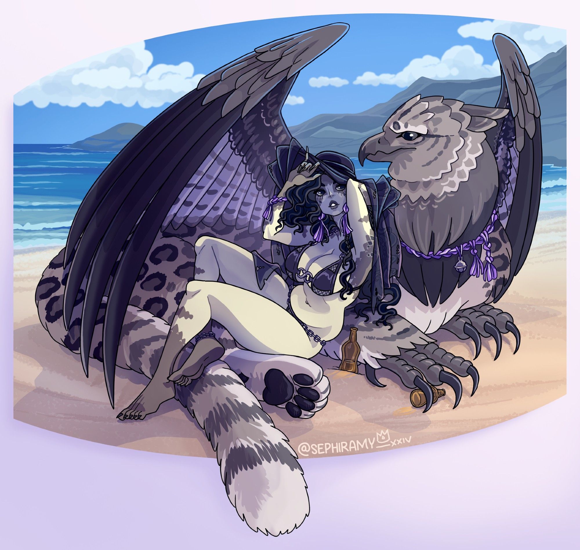 a cartoon illustration of a snake femme with pale and grey scaled coloration, reclining back against a large griffin in similar grey stripes and spots. both are on a sandy beach with a rocky cliffside and ocean behind them, and the femme is looking up lifting a veil off her hat to peer at the very stoic-looking griffin. two bottles, one empty and one nearly empty, are nestled in the sand next to them, presumably Alti has been drinking.