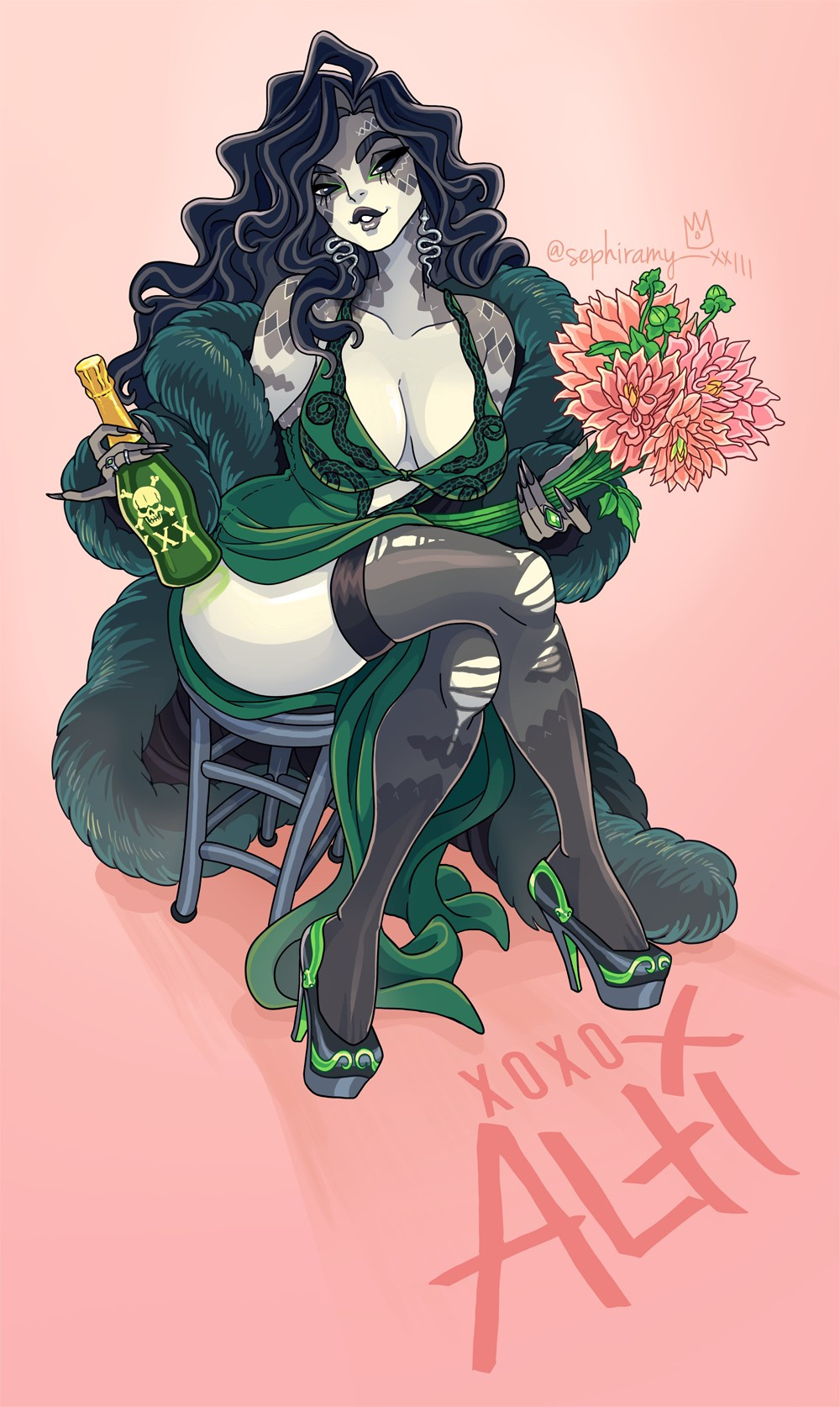 a pinup of a snakelike woman with long dark wavy hair, wearing a green dress with black embroidered snakes and a dark teal fur coat hanging off their shoulders. they are holding a bottle marked with a poison skull and crossbones, and a pink bouquet of flowers.