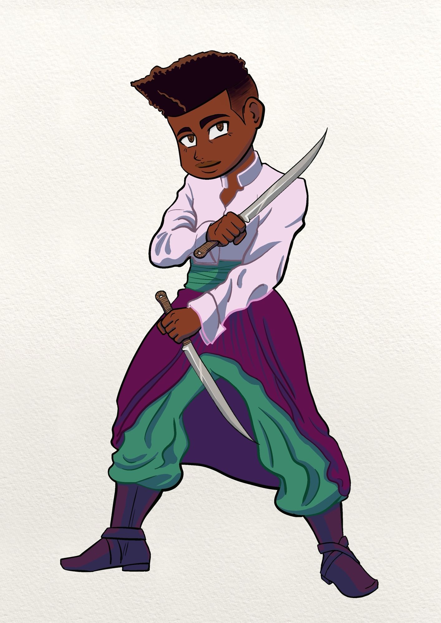 Victor again now in color. Purple and green color scheme. With two short swords.