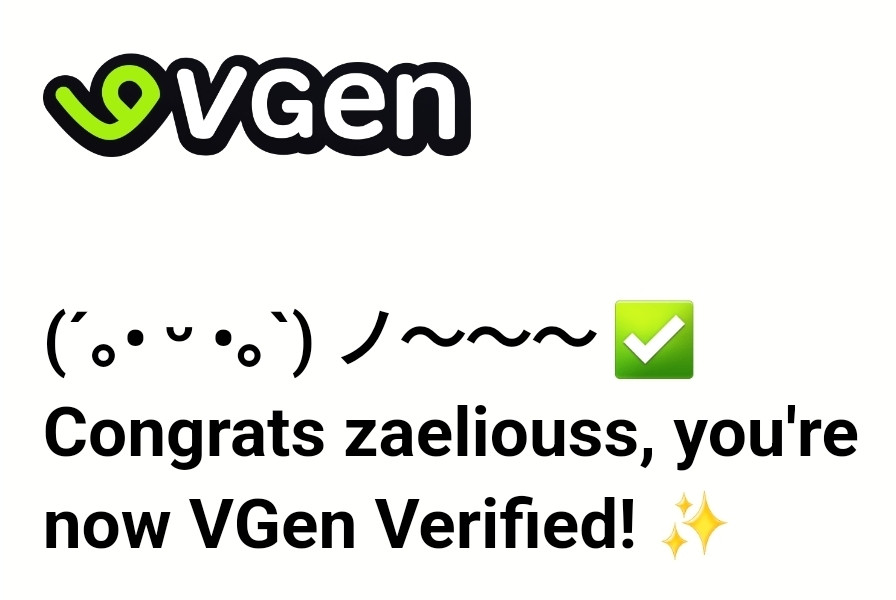 A screenshot of a vgen email confirming Zae's verification