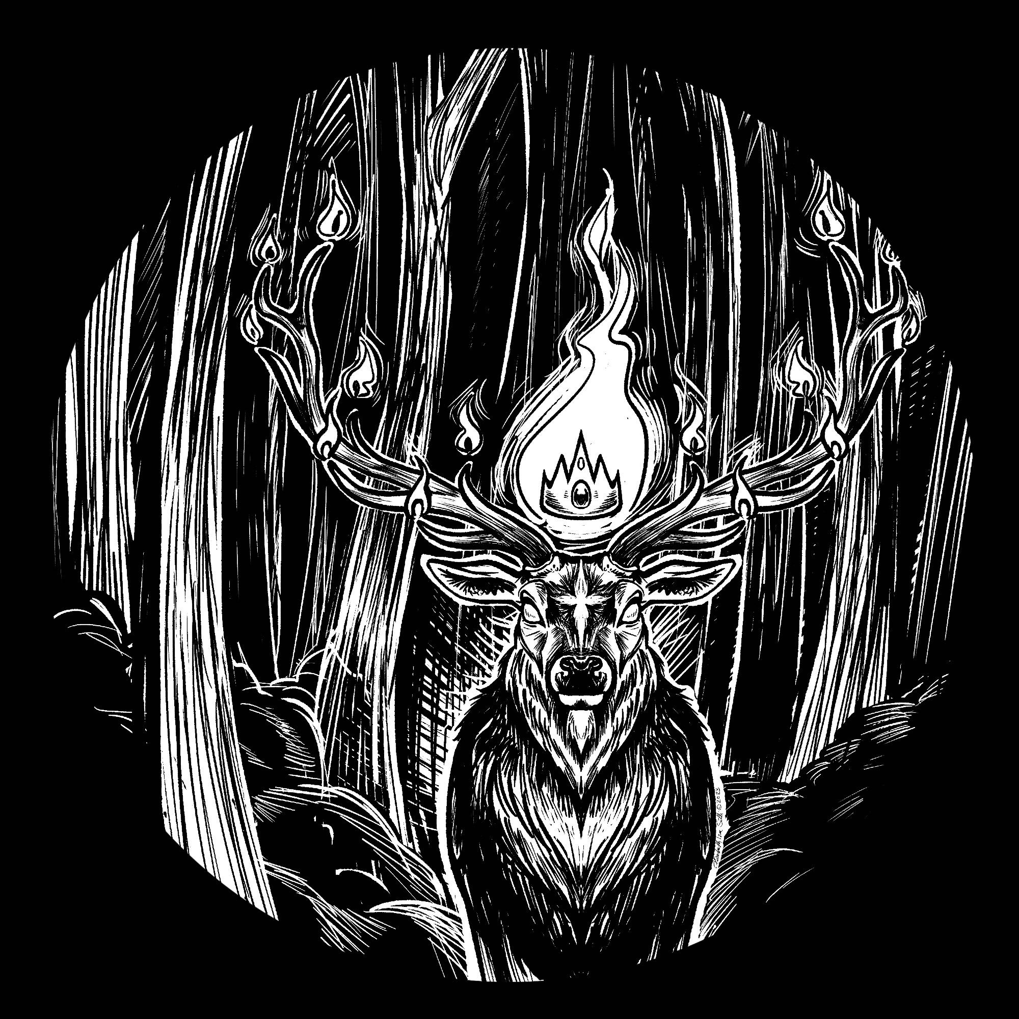 Black and white drawing of a glowing elk with a flaming crown floating above its head in a forest