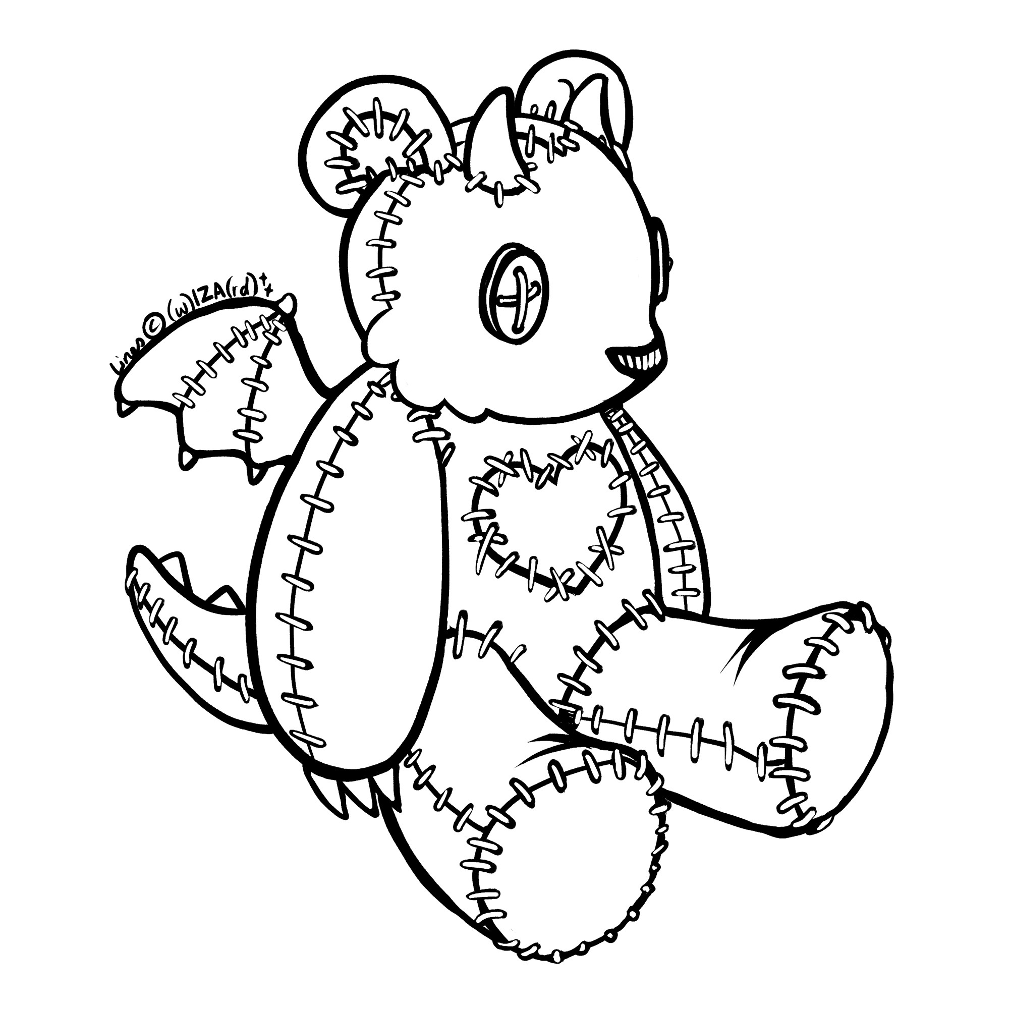 A black and white drawing of a bear plushie with dragon horns, tail, and wings, and a stitched on heart on its chest