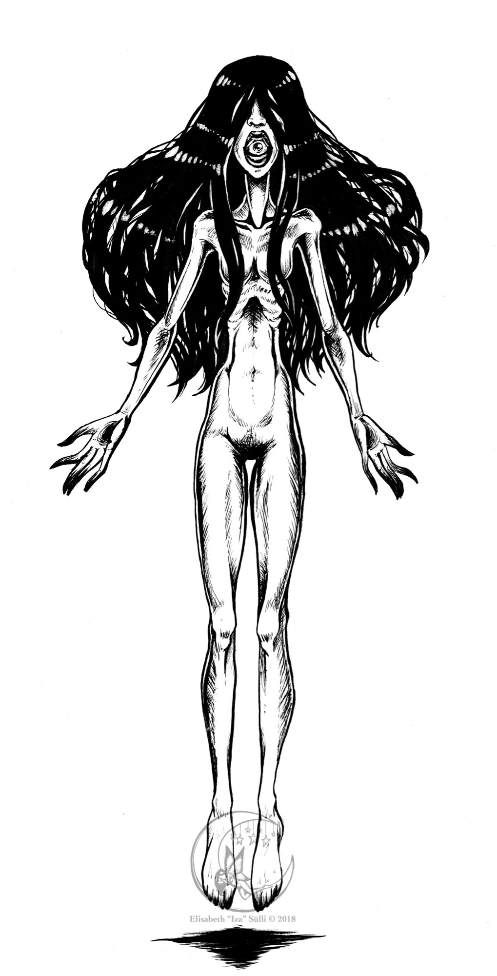 A black and white drawing of a deathly thin nude floating woman with long billowing thick hair covering most of the face and an eyeball in her mouth, her palms are turned facing up and have each a black hole