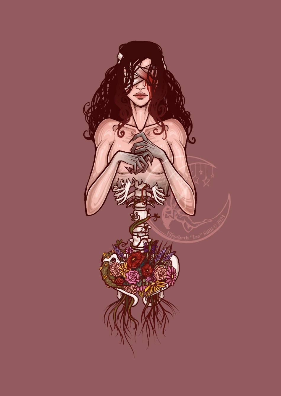 A half body image of a half living half boney nude woman with messy art nouveau inspired hair and her hands covering her chest. Her upper torso is alive, but down the ribs the bones are visible without any innards. Flowers are growing and blooming in her hips as if they were in a bowl