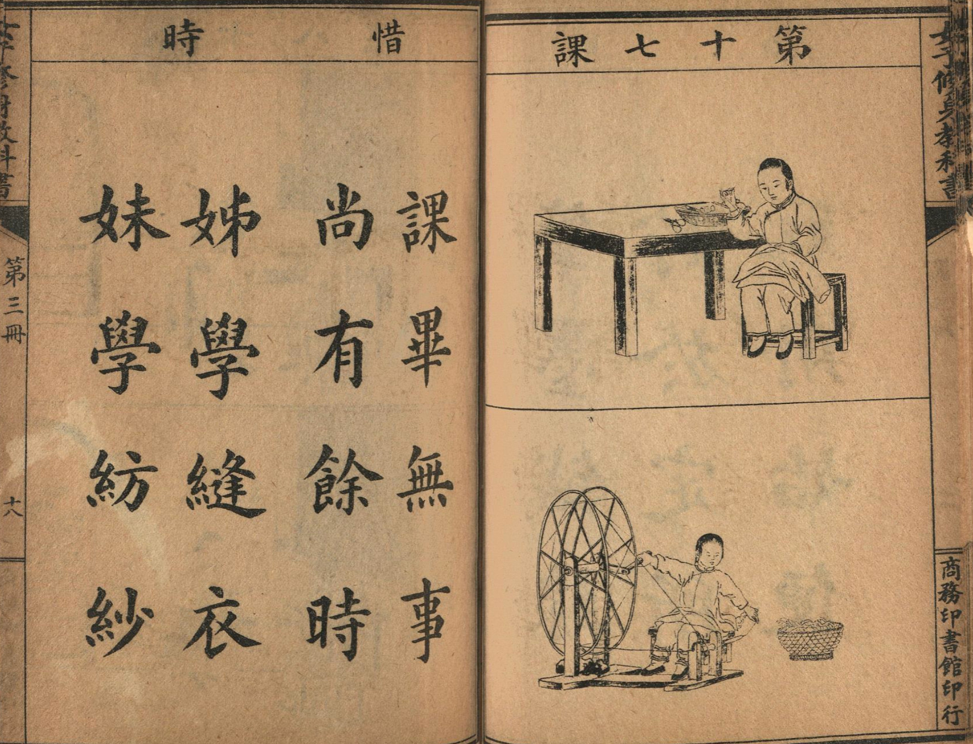 On the left, text which reads:
課畢無事 (Once your classes are over)
尚有餘時 (if you have free time)
姊學縫衣 ( big sister learns sewing clothing)
妹學紡紗 (little sister learns spinning)

On the right, two panels of images. Top: a girl sits at a table sewing a jacket. Bottom: a girl sits at a spinning wheel making thread.