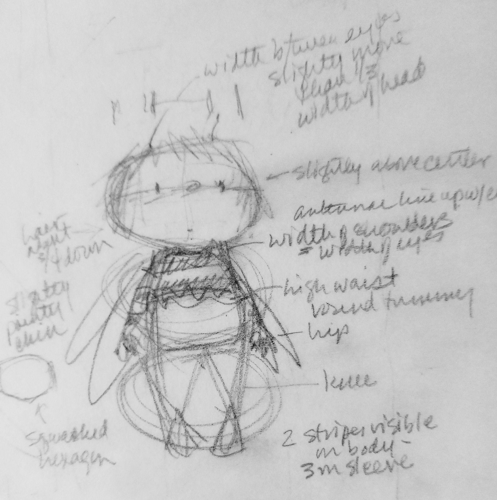 Character sketch with notes on dimensions, etc.