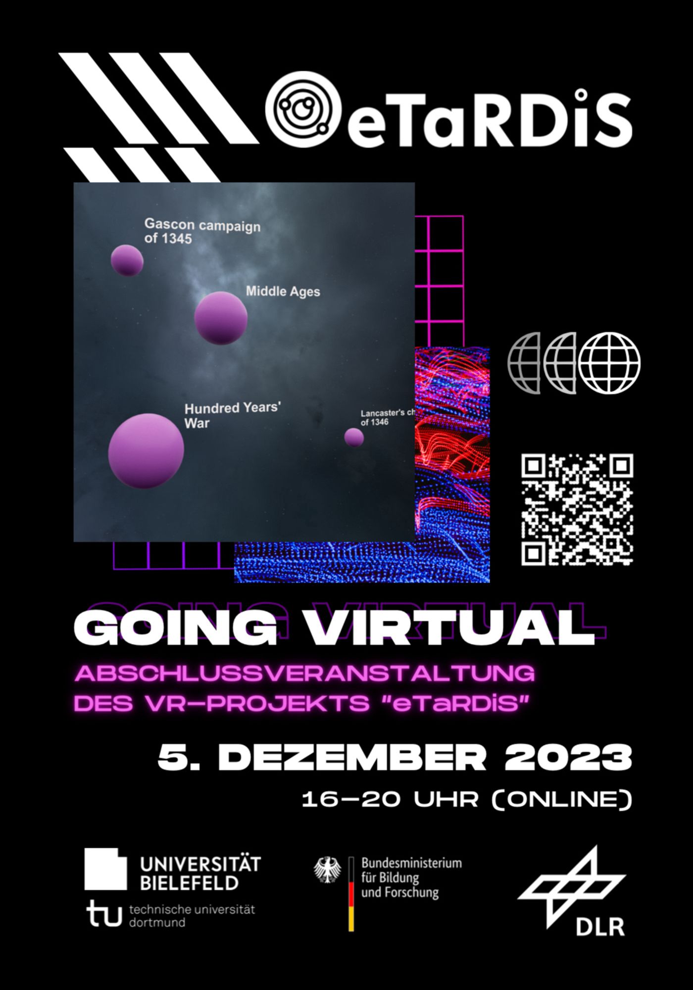 Einladungsposter zur Abschlussveranstaltung „Going Virtual“ des VR-Projekts eTaRDiS am 5.12.2023, 16-20 Uhr online