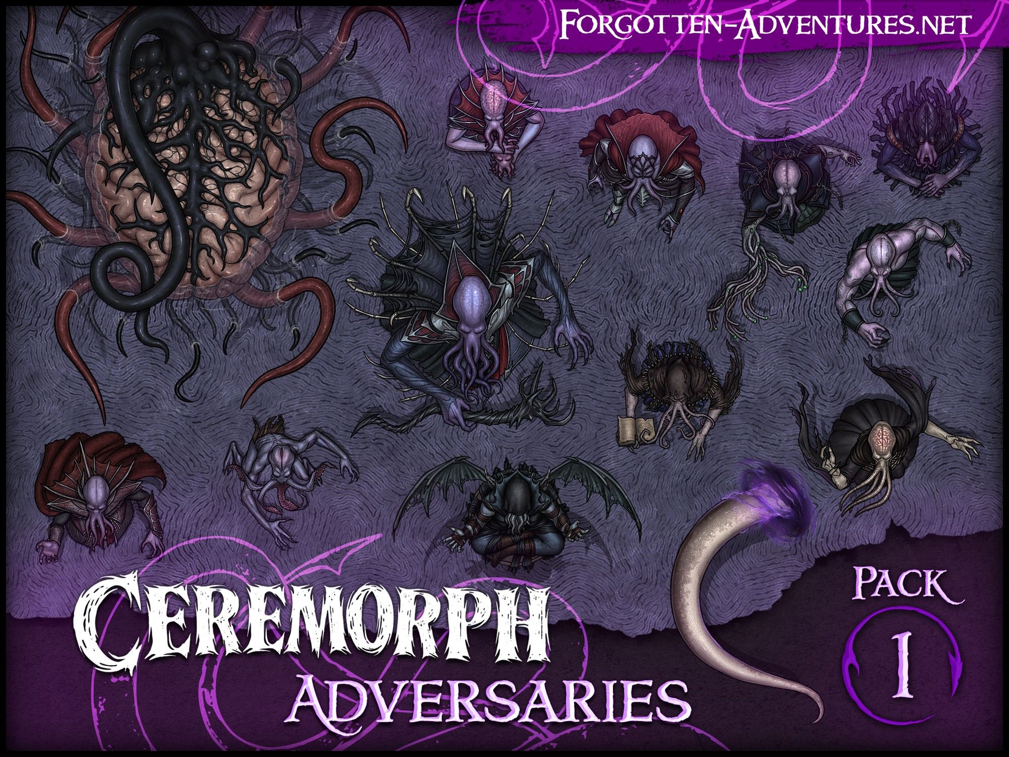 Various dnd tokens of ceremorphs, tentacle faced creatures similar to mind flayers or Cthulhu. Made by Forgotten Adventures. Perfect if you are running a game about illithid in dungeons and dragons, or yangethe or dominion of the black cultists in pathfinder.