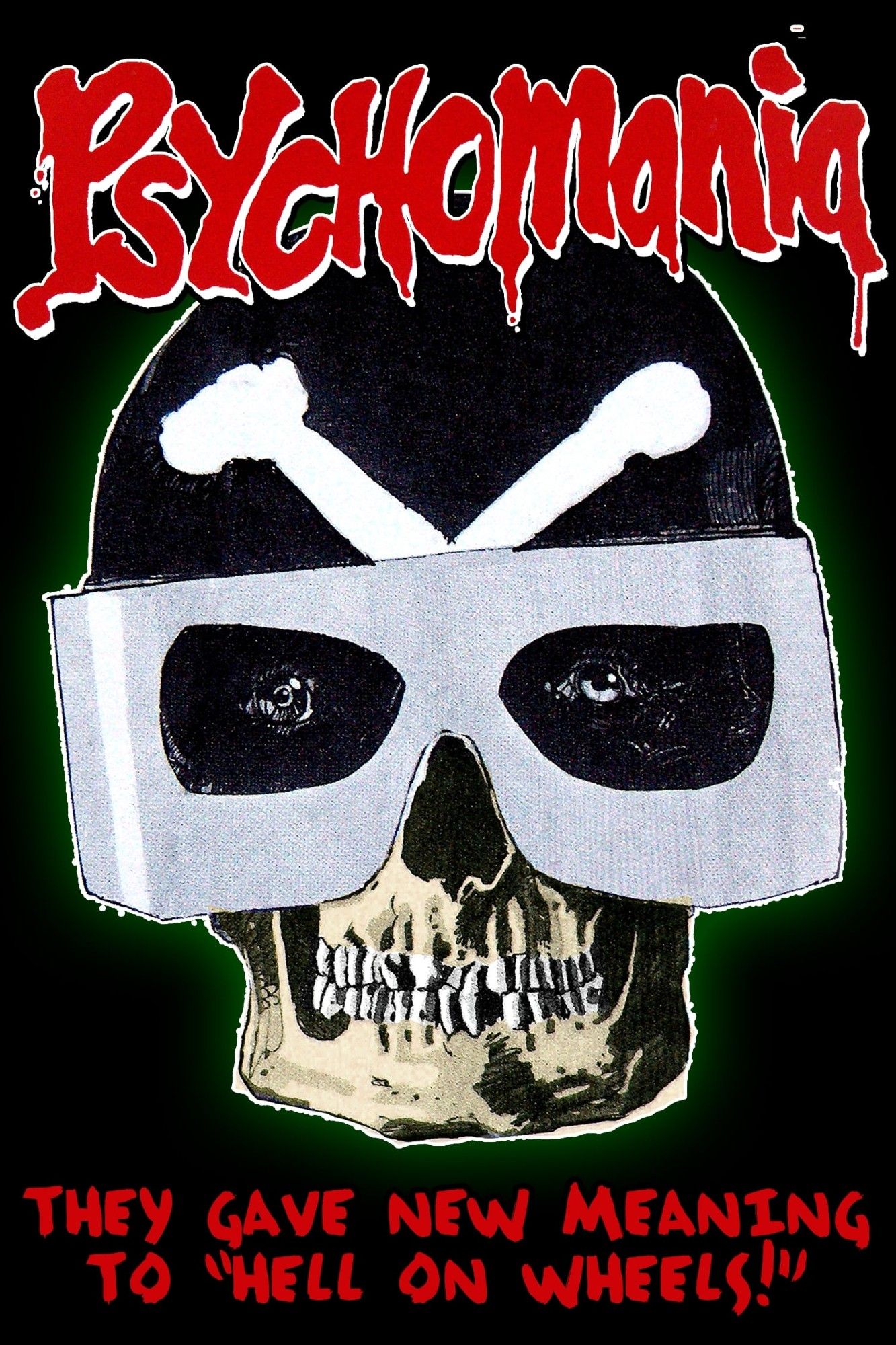 Psychomania poster showing skull wearing skull and crossbones helmet