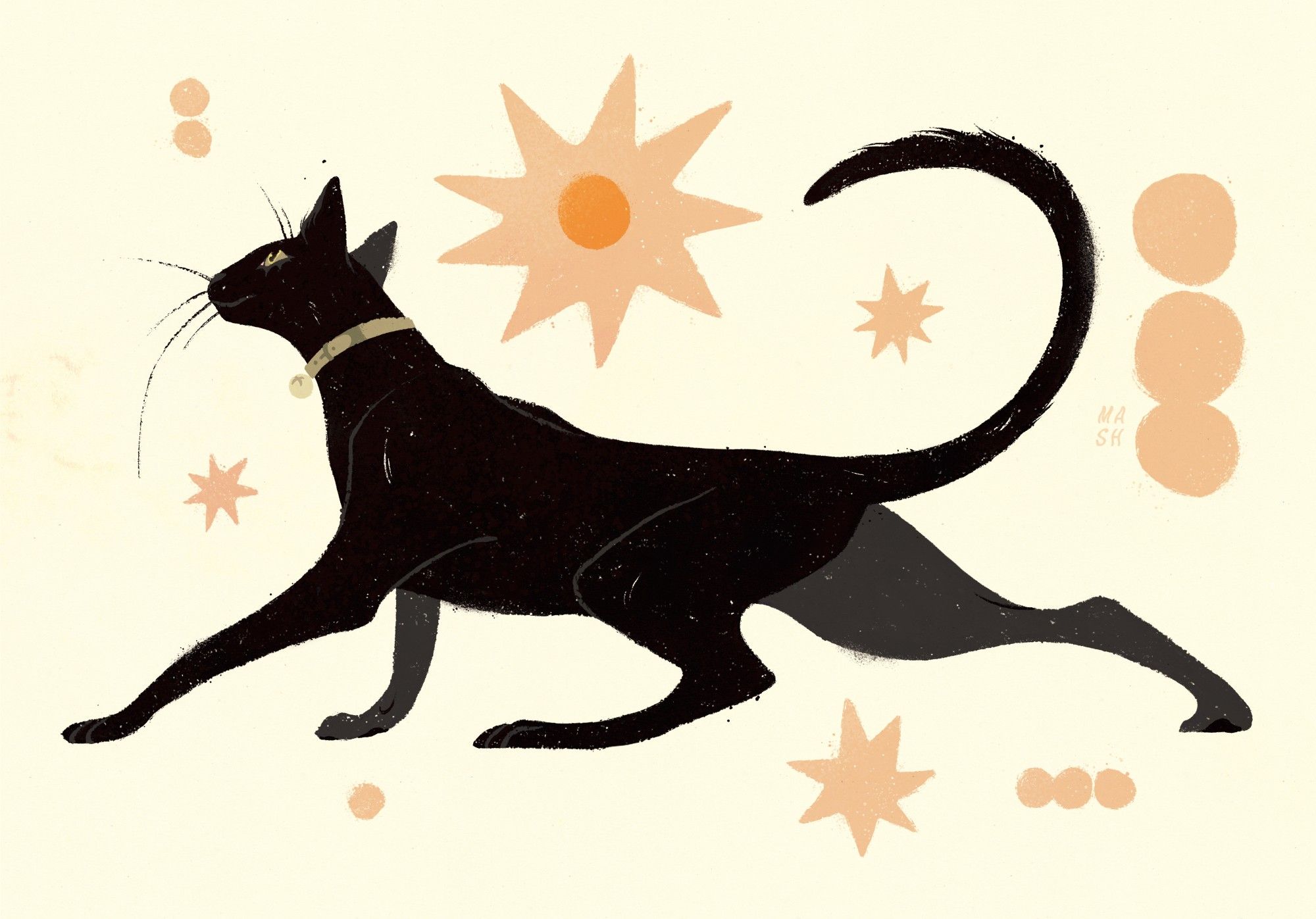 One long black cat with a pattern of peach stars and shapes around him