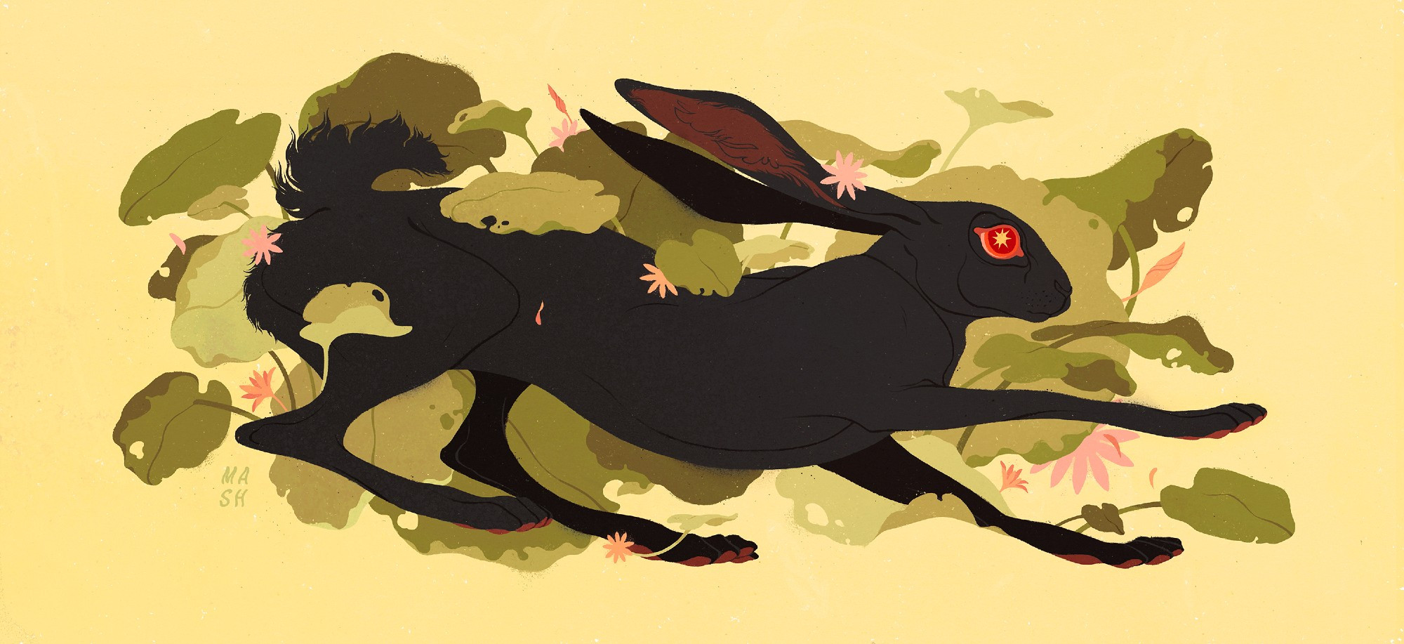 Illustration of a black rabbit with red eyes running through wide round leaves