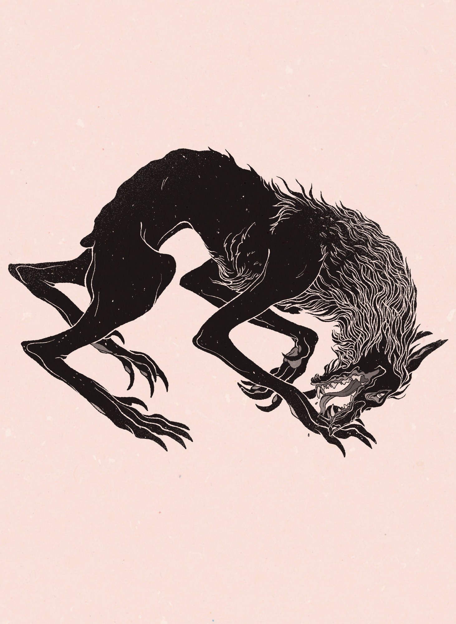 Black line drawing of thin, almost jackel-like werewolf in profile. It has no tail and very long hunman-like limbs