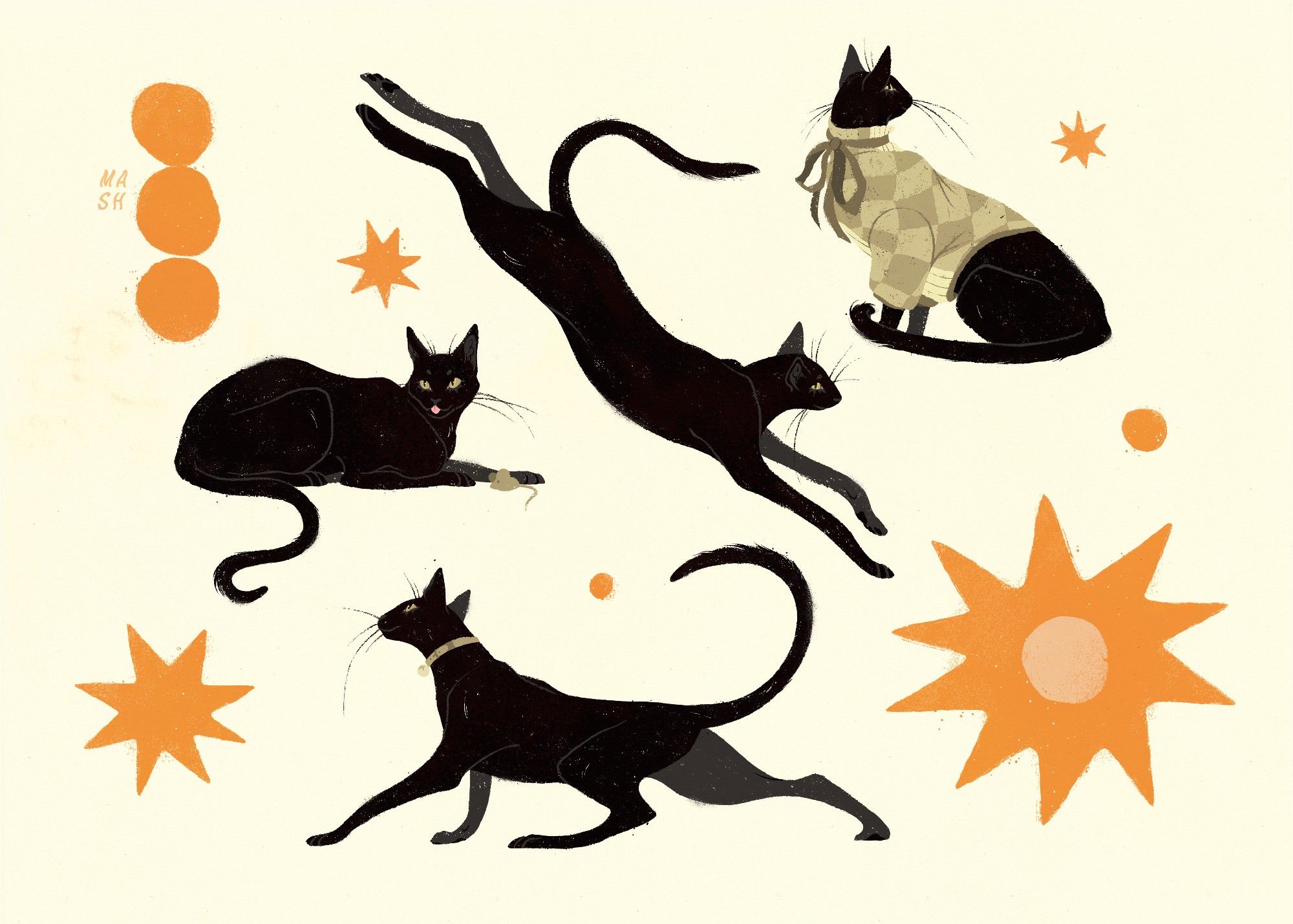 Black cats in a pattern with orange stars and shapes around them