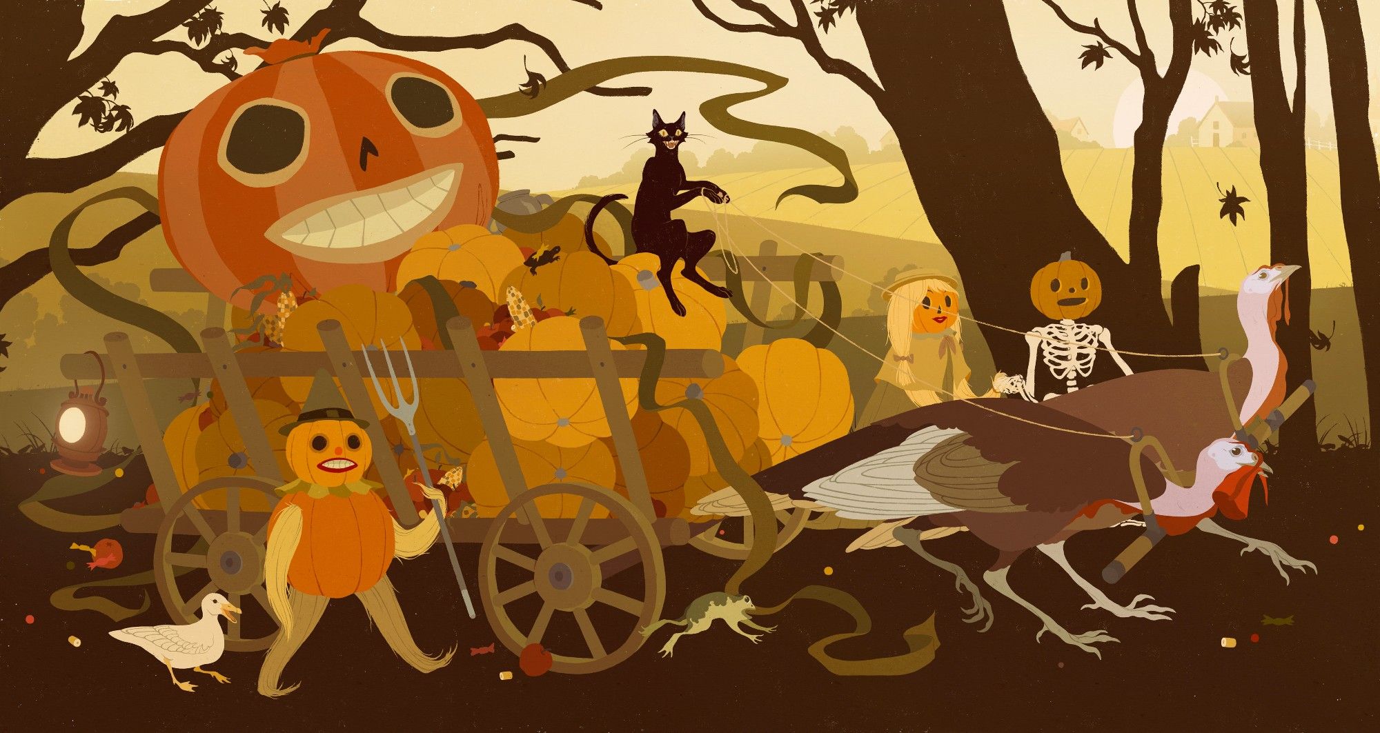 Fan art for Over the Garden Wall. The illustration shows a cart with pumpkins being ridden by a black cat and a pumpkin man with a pitchfork walking next to the cart. The cart is being pulled by two turkeys, and behind them is a pumpkin woman and a pumpkin headed skeleton holding hands. There is a candy scattered on the ground and a small duck and frog are walking with the procession. The background is of a bucolic scene with rolling fields with early morning mist