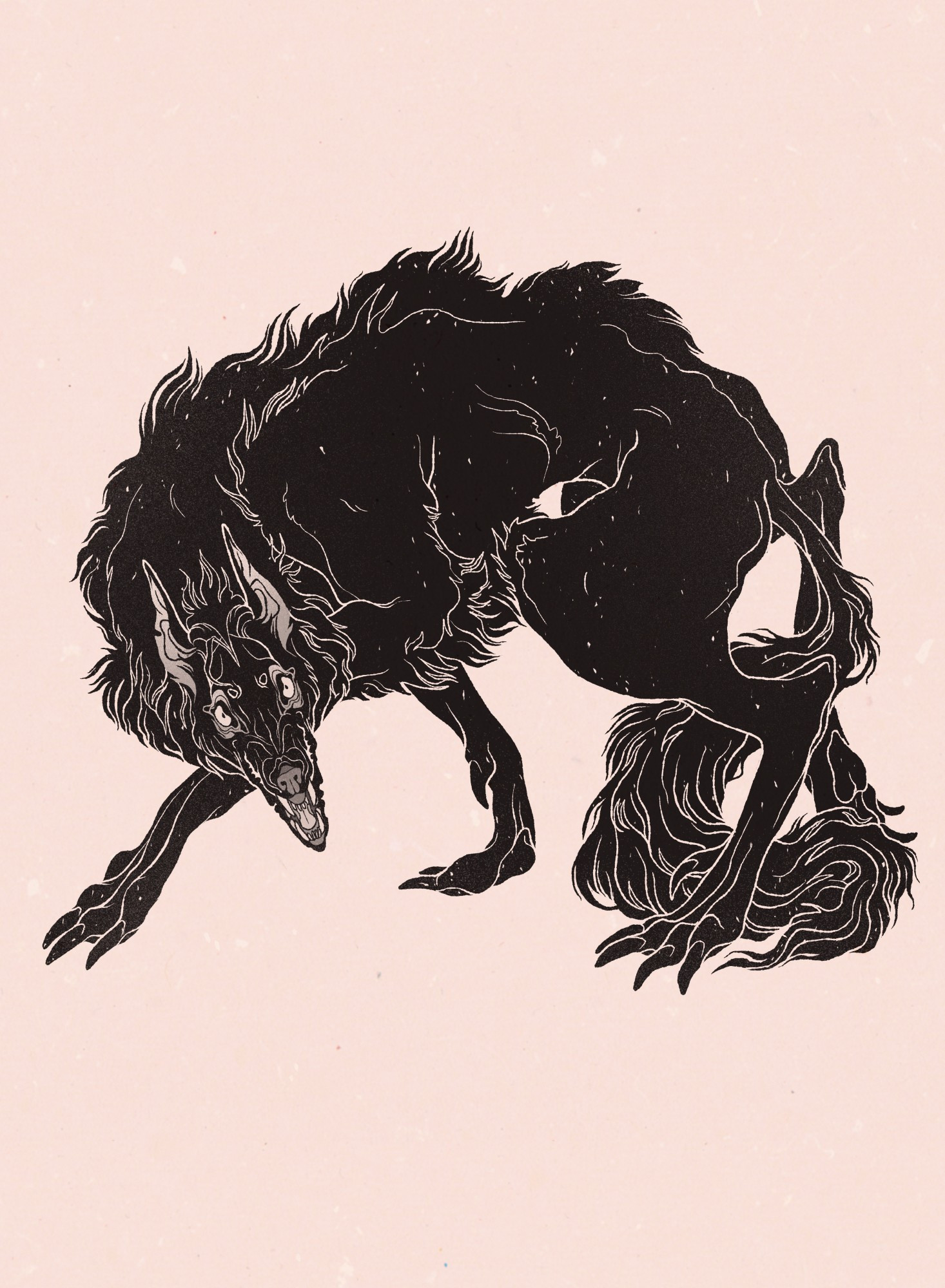 Black line drawing of very wolf-like werewolf looking directly at the viewer