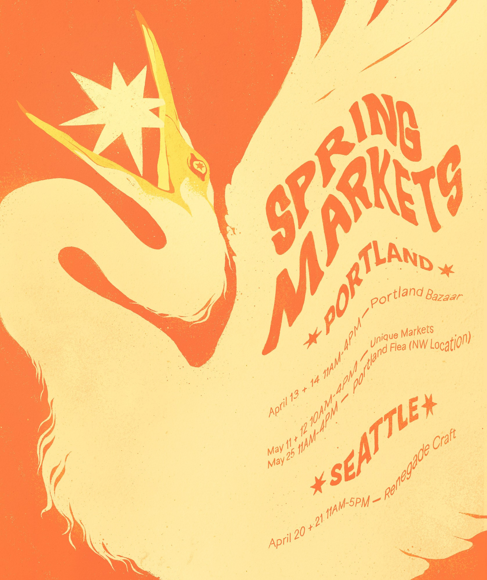 This is a poster of a pale heron holding a star for Samantha Mash’s Spring Market Schedule. She will be at The Portland Bazaar on April 13 + 14, Renegade Craft Seattle on April 20 + 21, Unique Markets Portland on May 11 + 12, and the Portland Flea on May 25