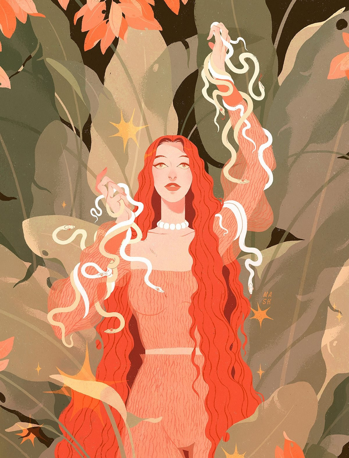 Illustration of a pale woman, among tall fonds, with long red hair holding white snakes in both her hands while looking up. She wears a translucent two piece set. There are little stars in the piece overlaid on the illustration