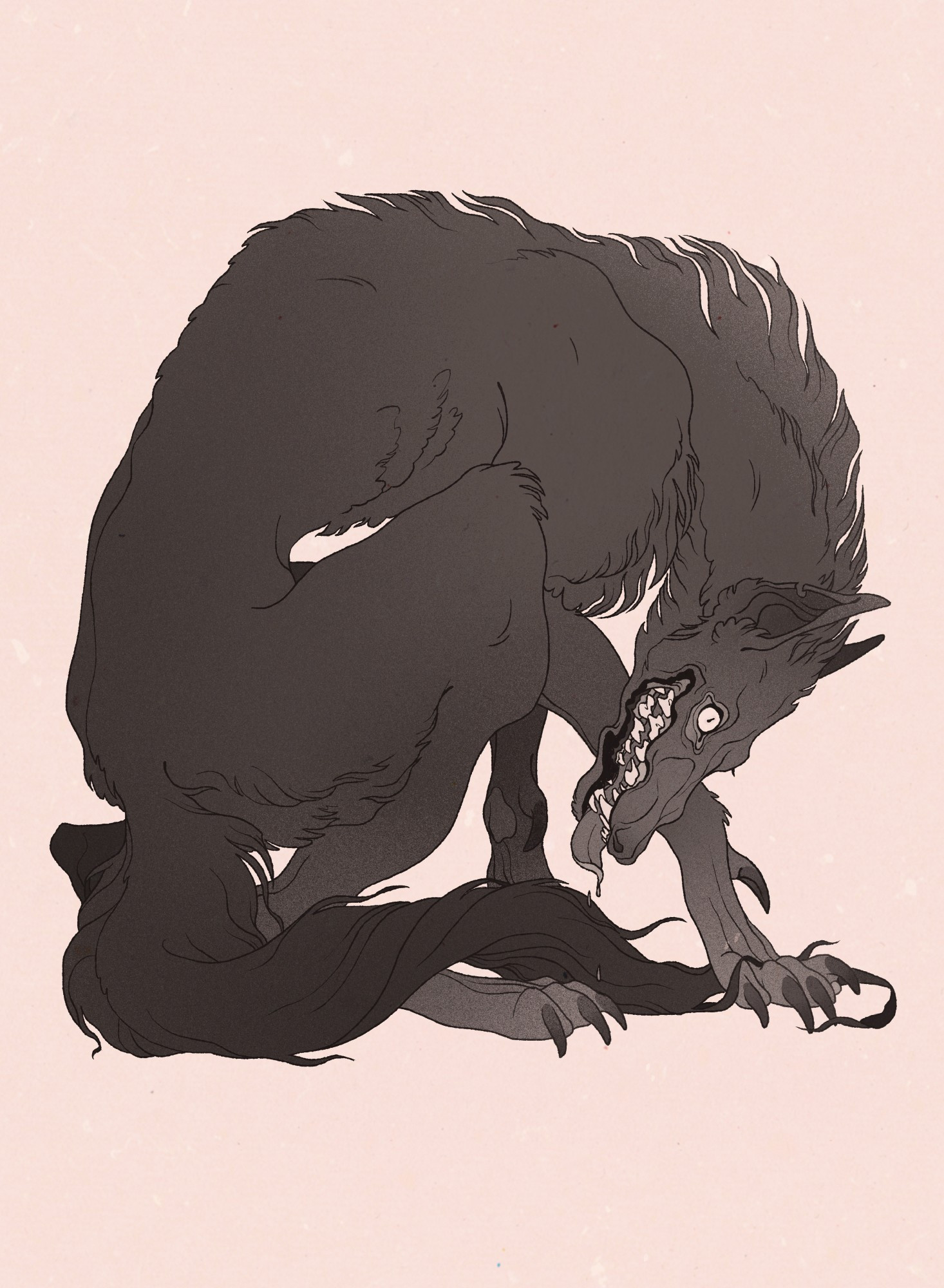 Black line drawing of a crouched up large werewolf with its tongue hanging out and looking wide eyed