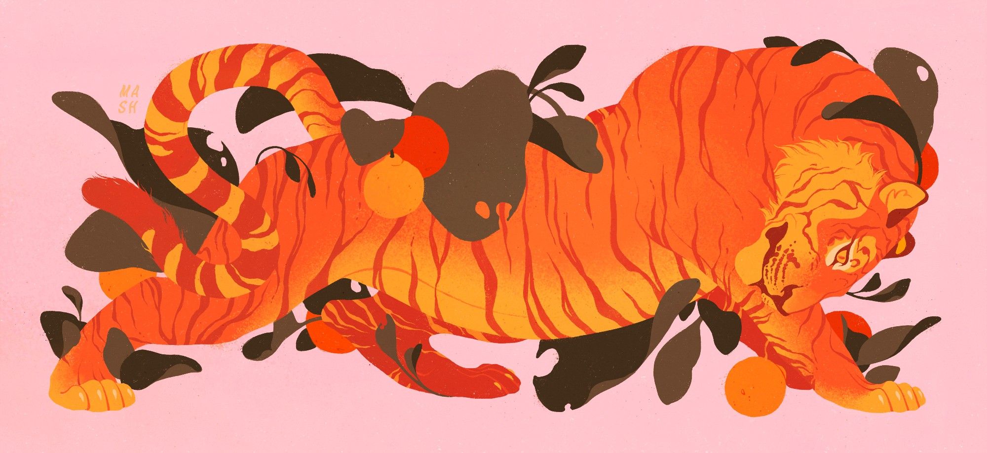 An illustration of a Bengal Tiger stretching with its neck down with a pink background and dark olives leaves and orange fruits around the big cat