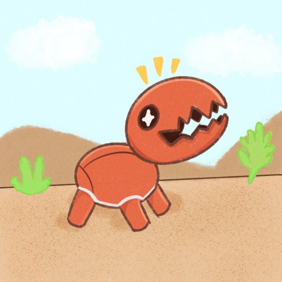 A Trapinch wandering through a sandy desert with plants seen in the background, and two clouds in the blue sky. Trapinch is smiling and ready to spread joy.