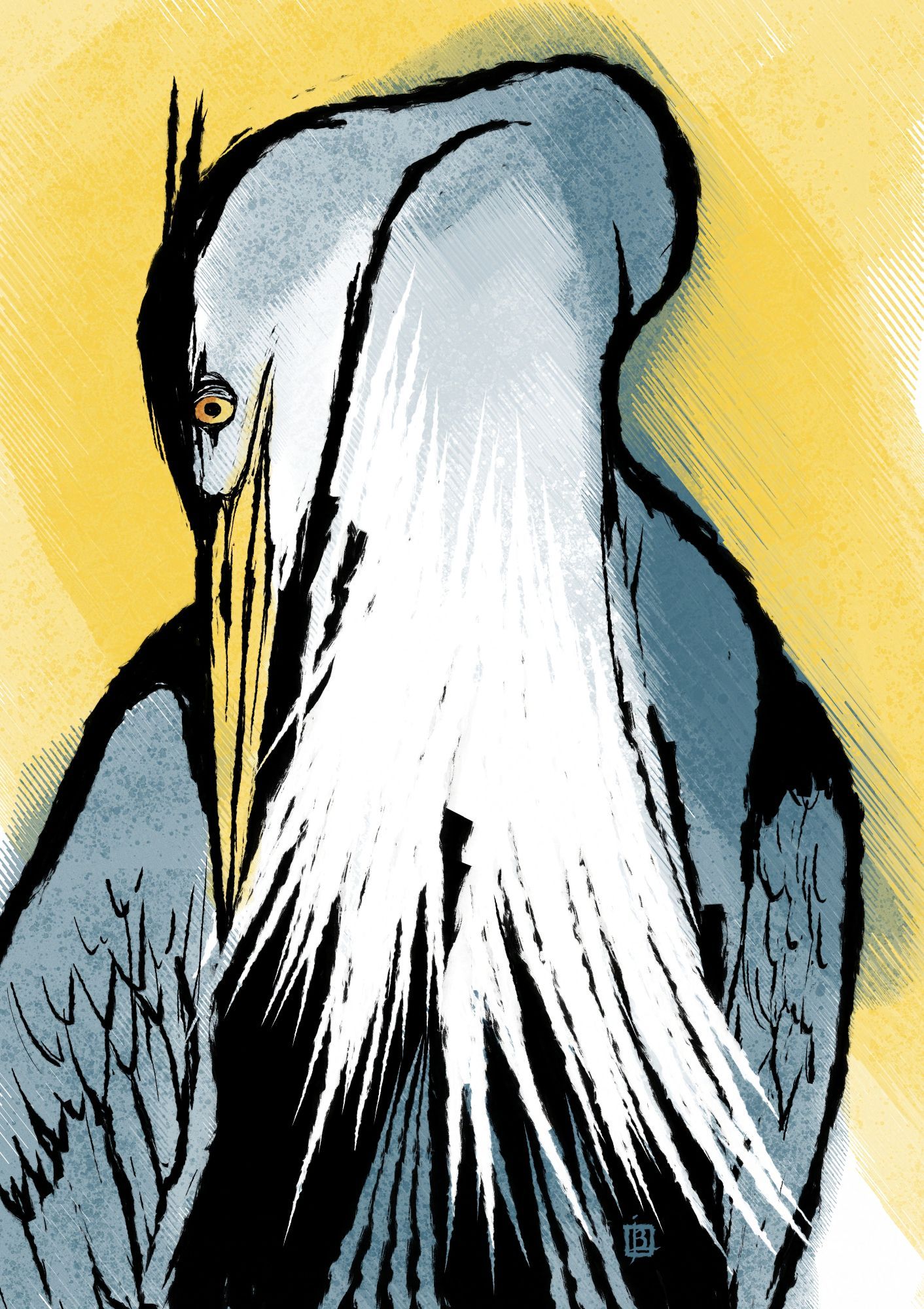 Simple Blue Heron drawing in blue, yellow, and black.