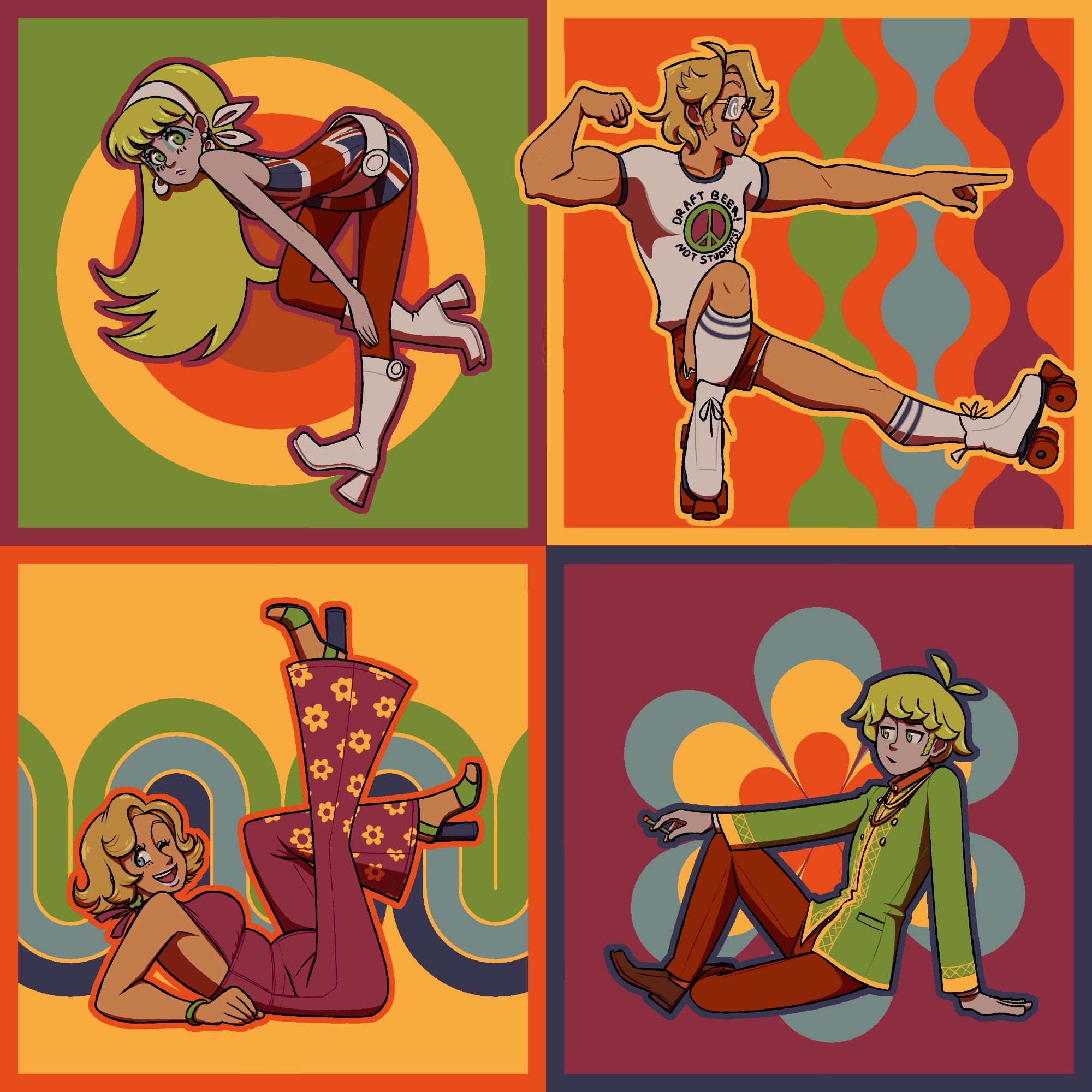 Characters America and England from Hetalia, in both regular form and their Nyotalia form. Top left: Nyo! England dressed in a mod styled A line dress with Twiggy makeup. Top right: America, dressed in 70s clothing, with roller skates. Bottom Left: Nyo! America, dressed in a flowered bell-bottom jump suit with disco-inspired accessories. Bottom right: England, dressed in a Beatles-styled Modi-suit.