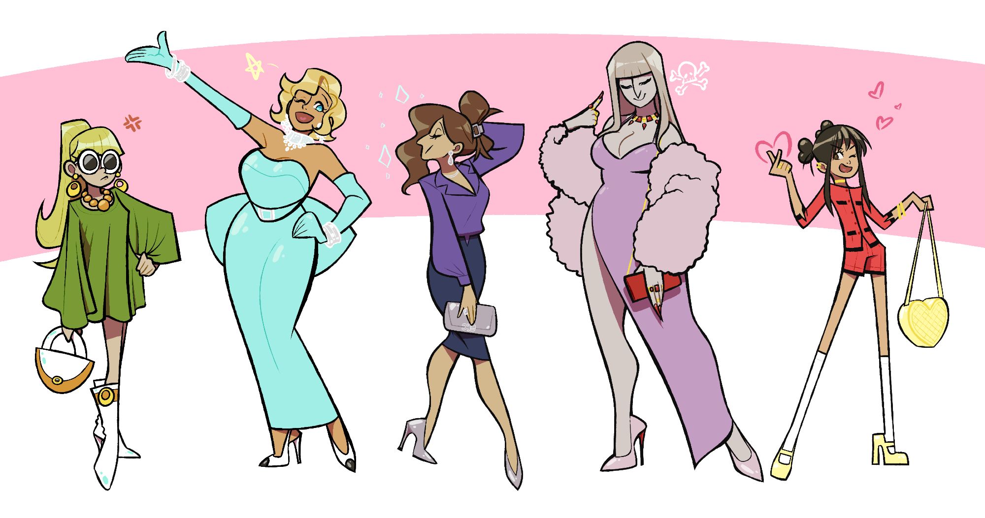 From left to right: Characters England, America, France, Russia, and China from Hetalia in their Nyotalia forms. England is dressed in 60s Mod fashion, in a green, flowing mini dress and white go-go boots with matching white sunglasses. America is dressed in a light blue dress parodying Marilyn Monroe's costume in Diamonds are A Girl's Best Friend. America is also dripped out in diamond jewelry. France is dressed in more chic, modern styled business wear in navies and indigos. She has silver accessories, shoes and clutch. Russia is dressed in a femme-fatale styled dress with fur coat, in lavender and light pink. She has blood red accessories. China is dressed in a Chanel styled suit and shorts set in red, with a light yellow heart bag and Mary Jane heels.