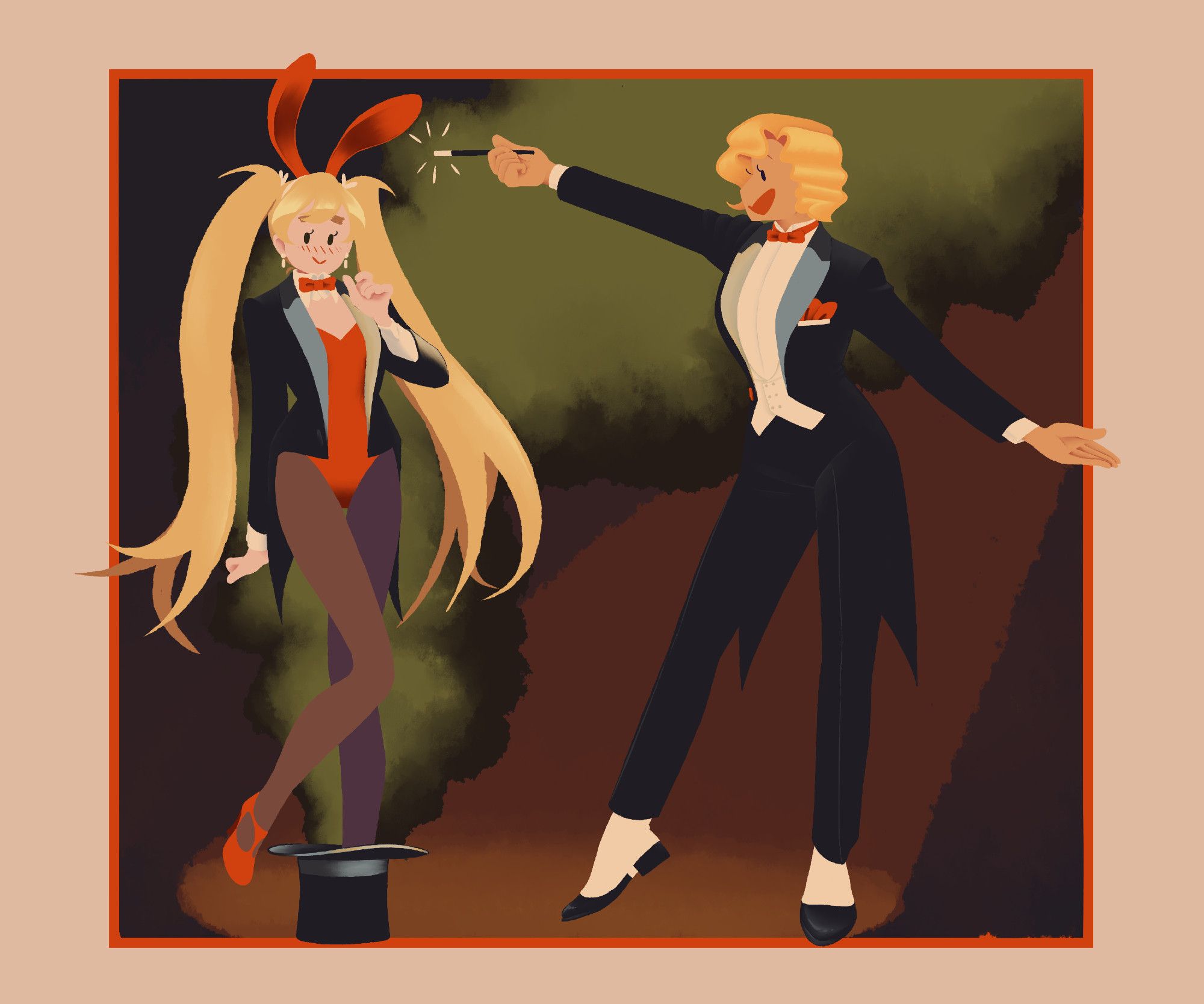 Characters America and England from Hetalia in their Nyotalia variations. Nyotalia America is a stage magician dressed in a tailored tuxedo. She is performing a trick that brings Nyotalia England, dressed in a playboy bunny suit, out of a top hat.